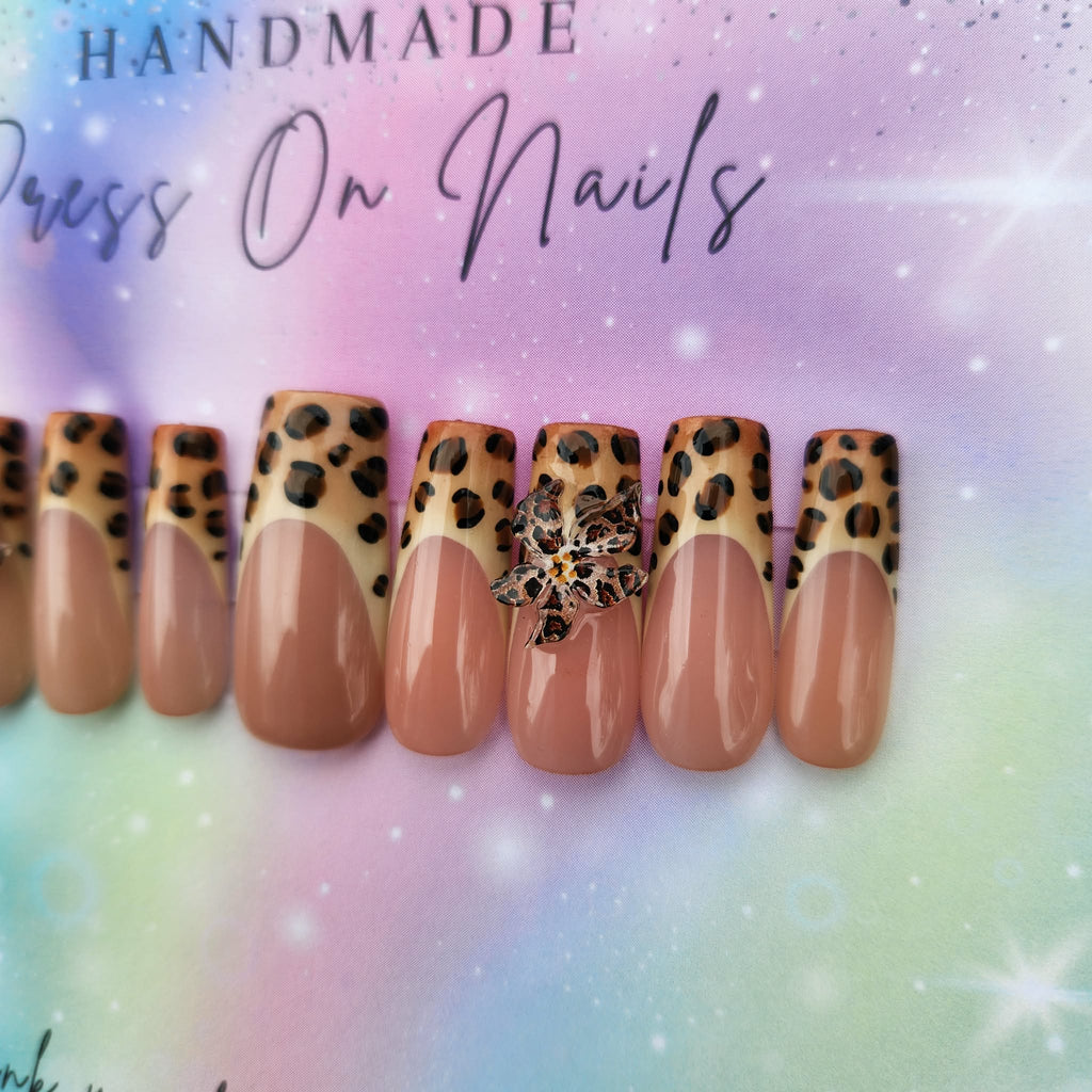leopard French tip leopard floral press ons