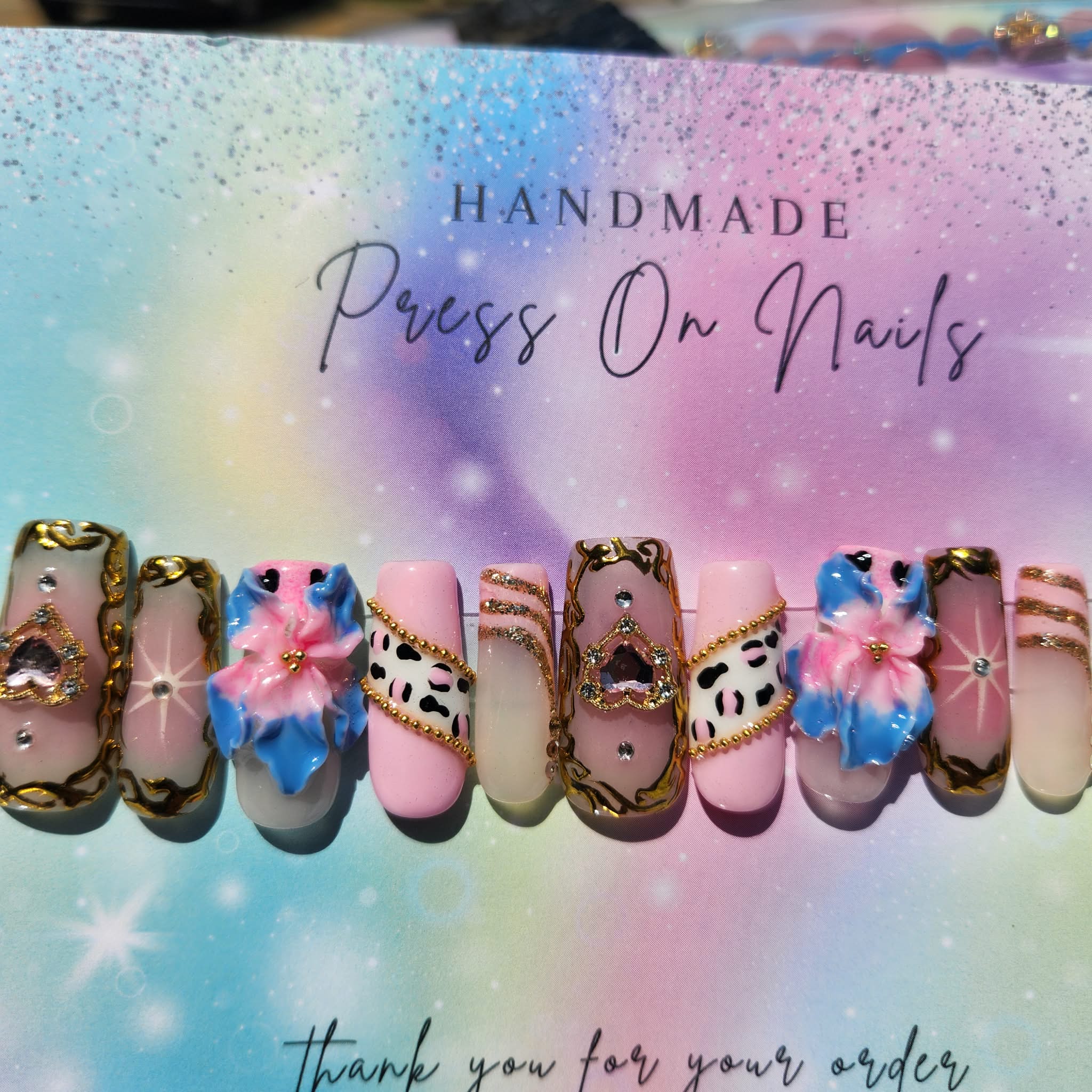 Long gold, chrome, heart crafted, blue, pink floral, light, pink pink leopard press ons