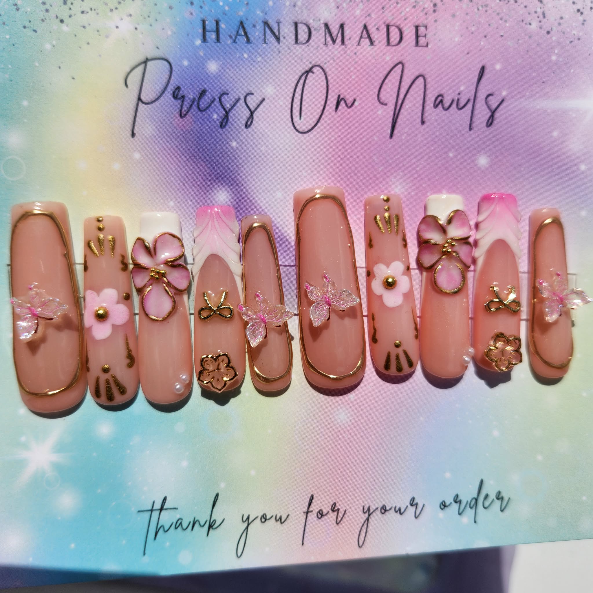 Xxl nude gold chrome pink floral bow butterfly press ons