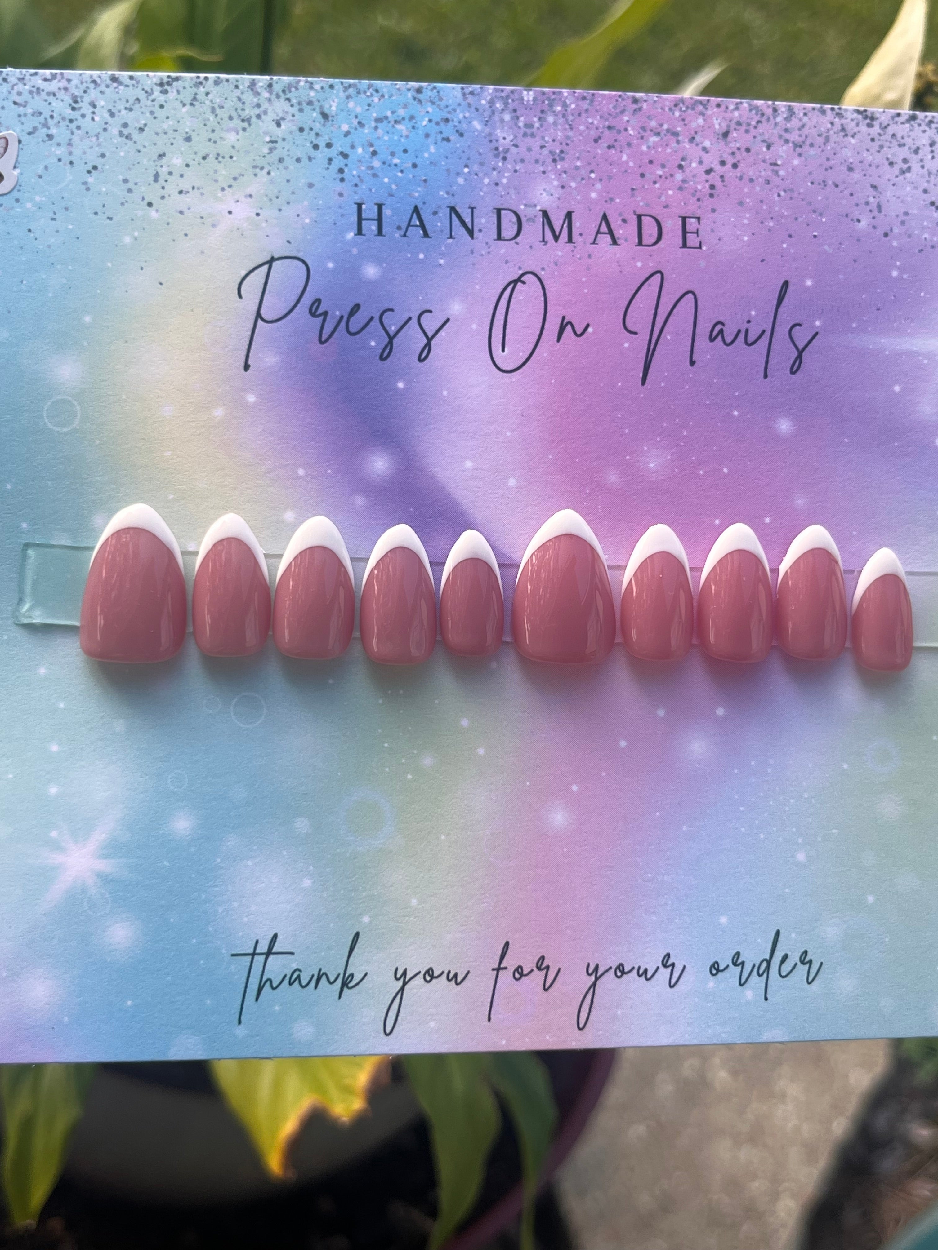 Short almond shape pink white French tip press ons