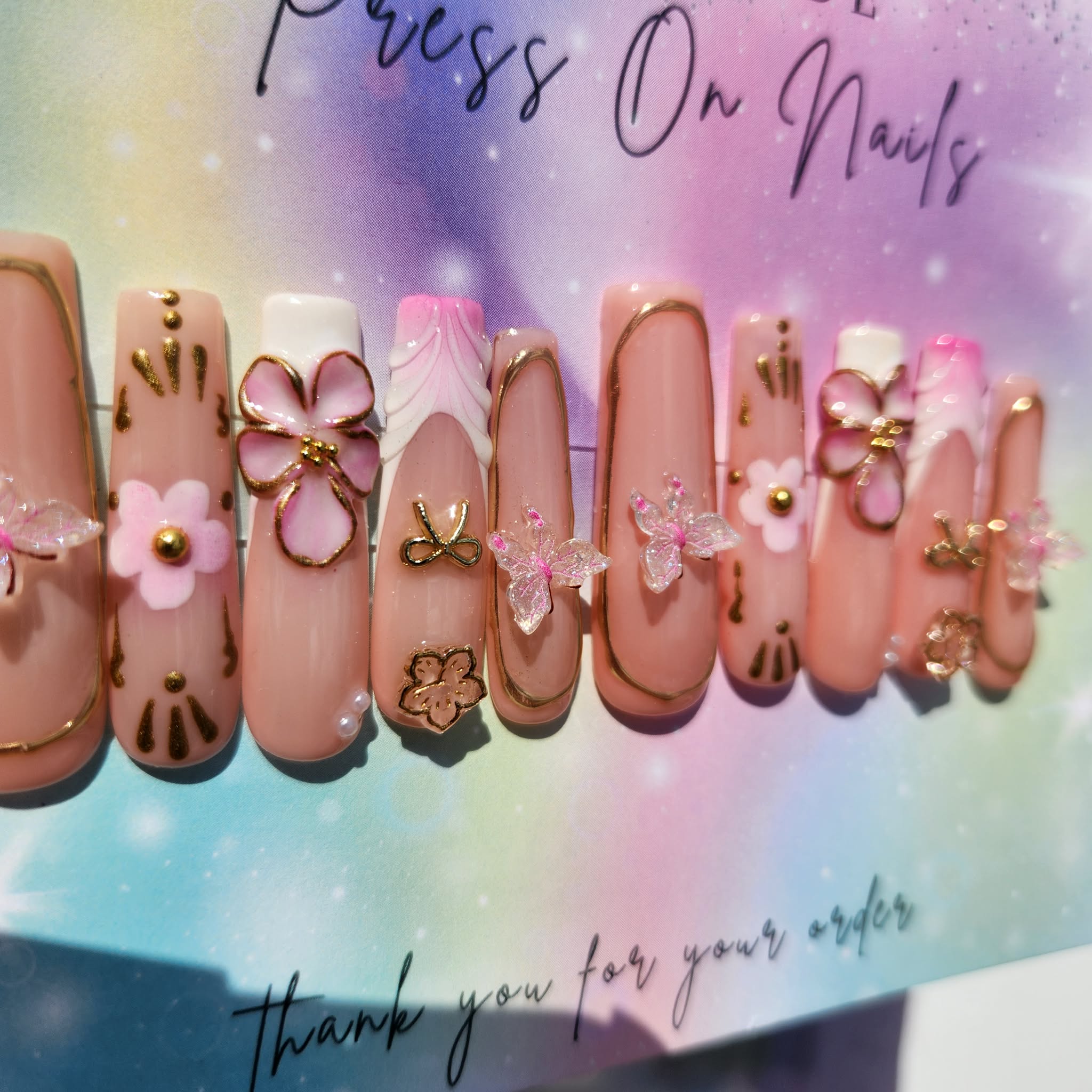 Xxl nude gold chrome pink floral bow butterfly press ons
