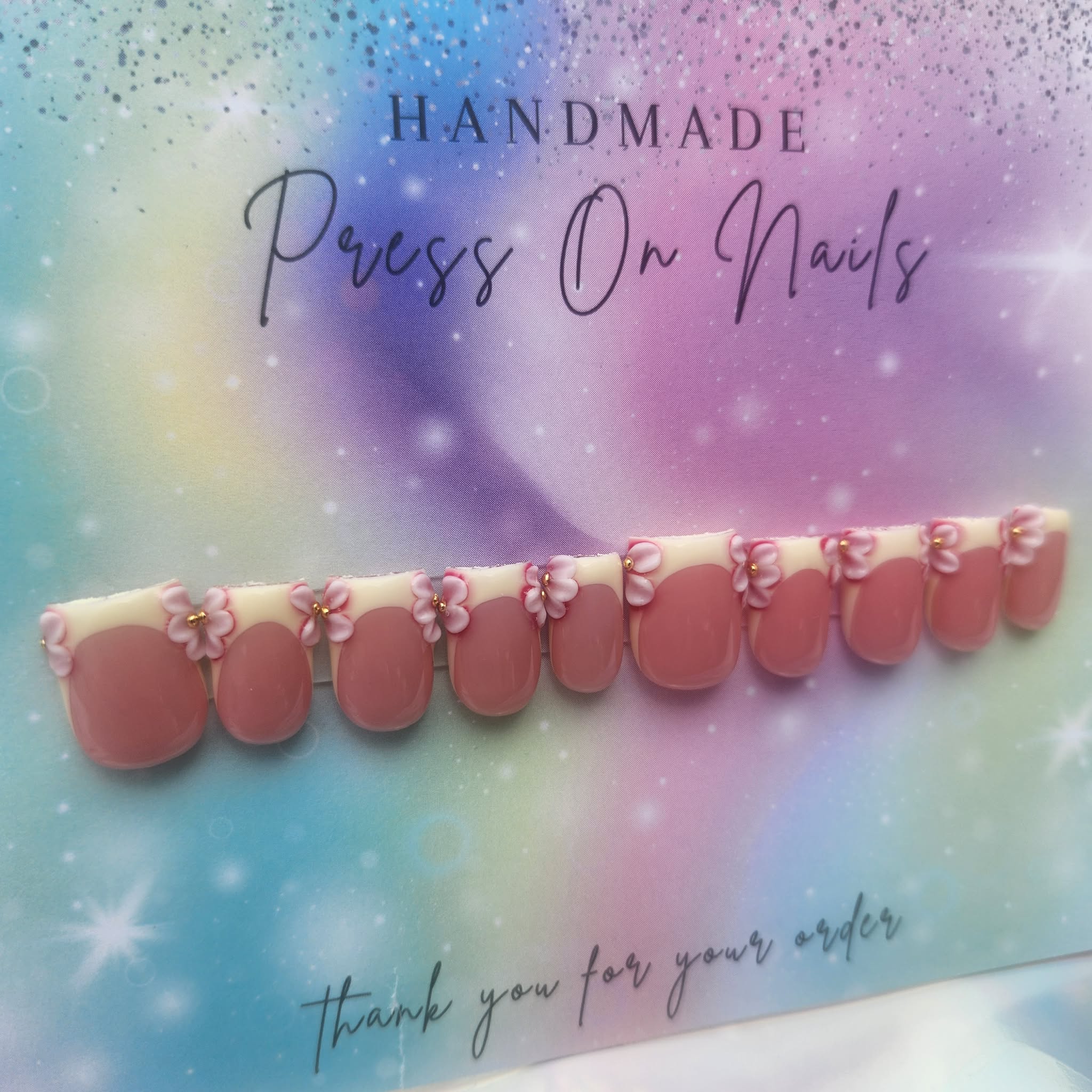 short square shape yellow French with pink 3d floral press ons