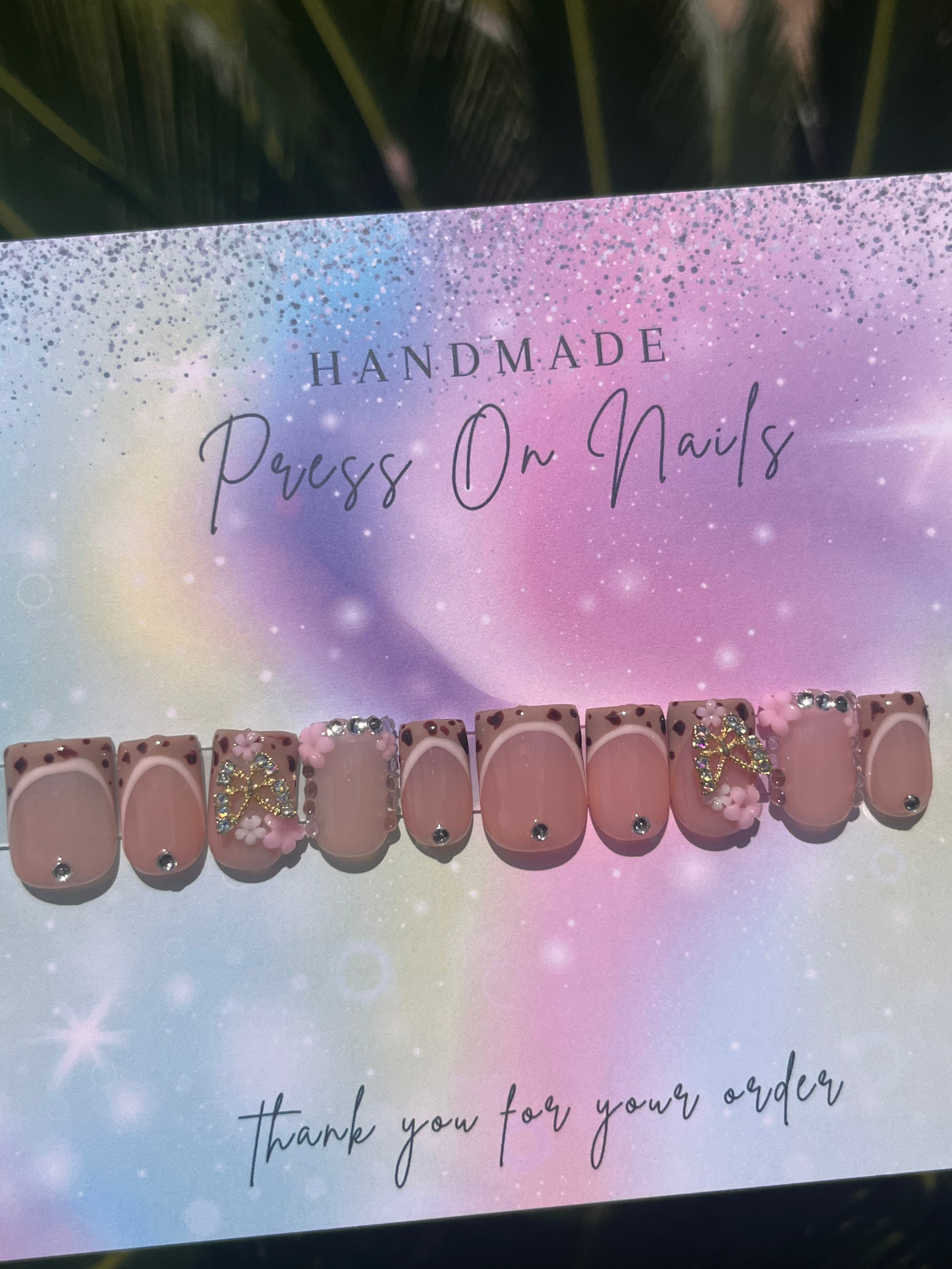 Short square shape brown leopard white lining pink floral rhinestone butterfly press ons