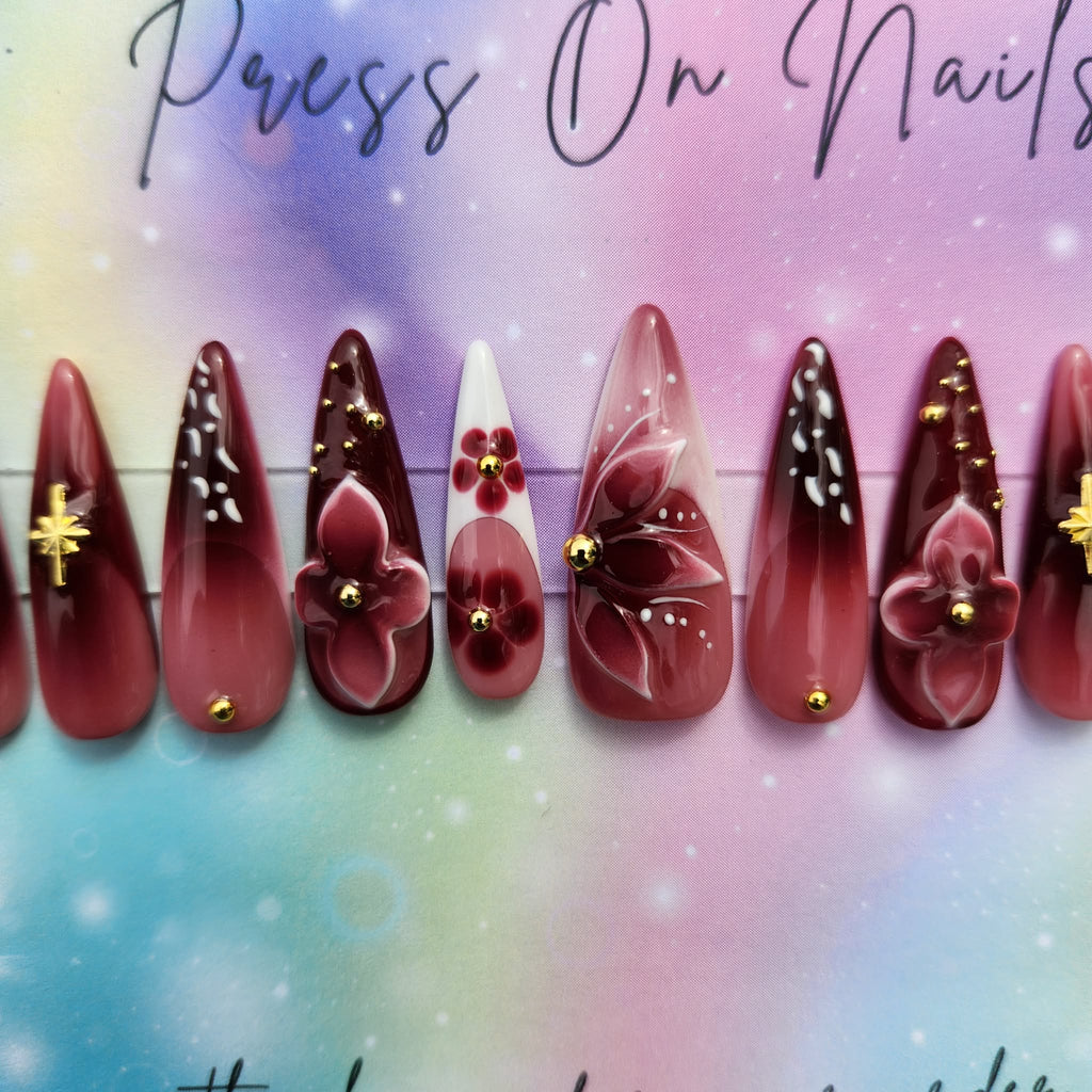 long stiletto shape deep burgundy French tip 3d floral press ons