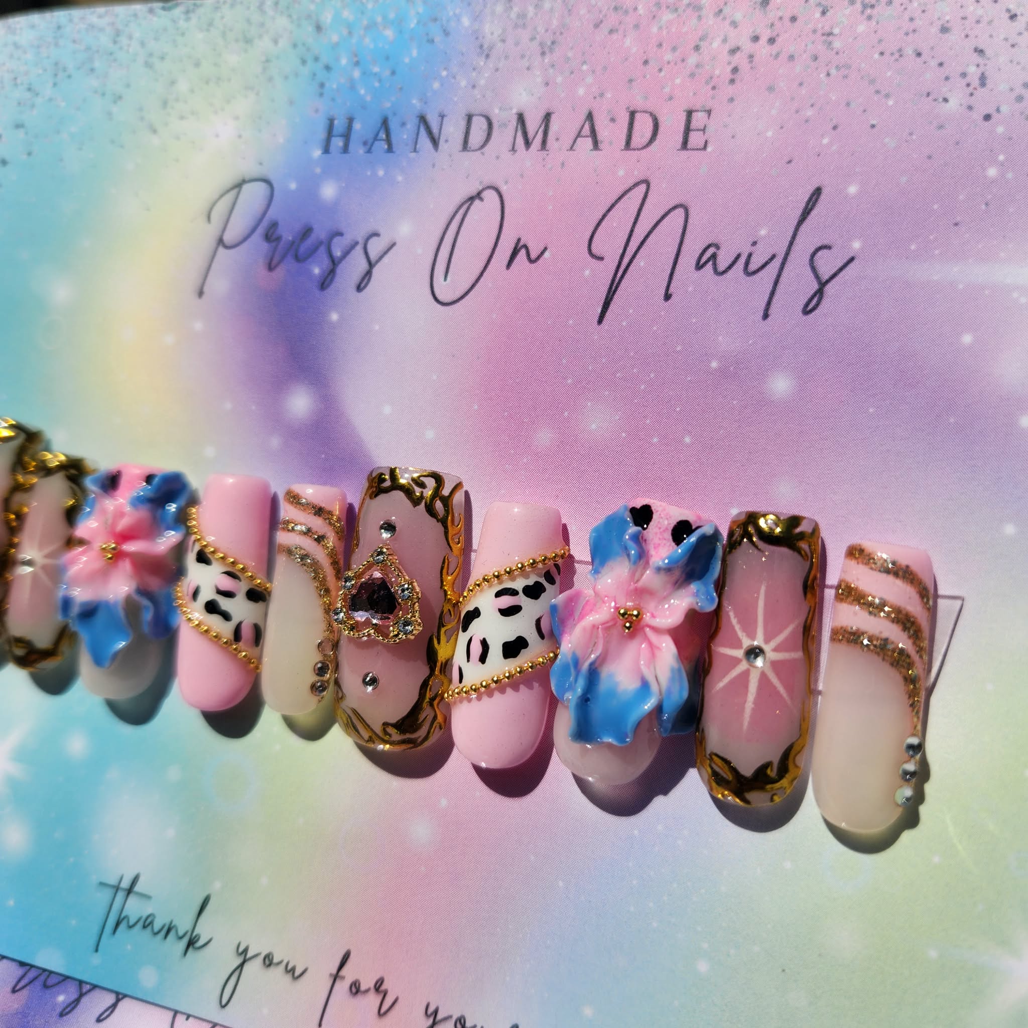 Long gold, chrome, heart crafted, blue, pink floral, light, pink pink leopard press ons