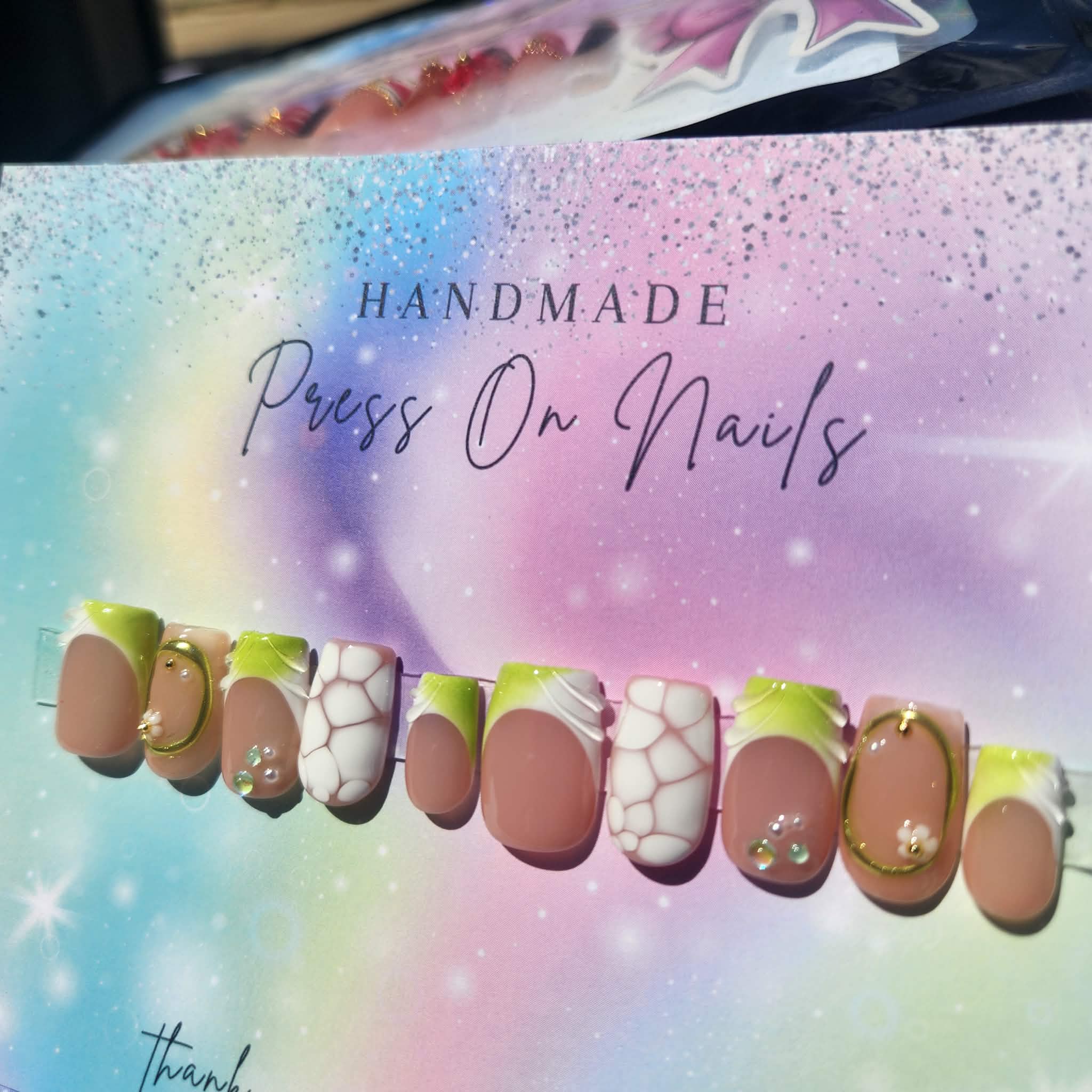 Short lime green white French tip white bloom gold chrome press ons