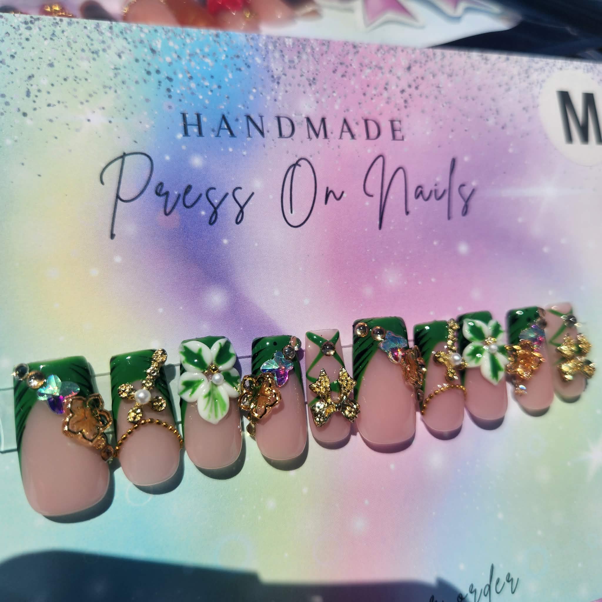 Green French tip rhinestone flower, crossbow, 3-D floral butterfly press ons