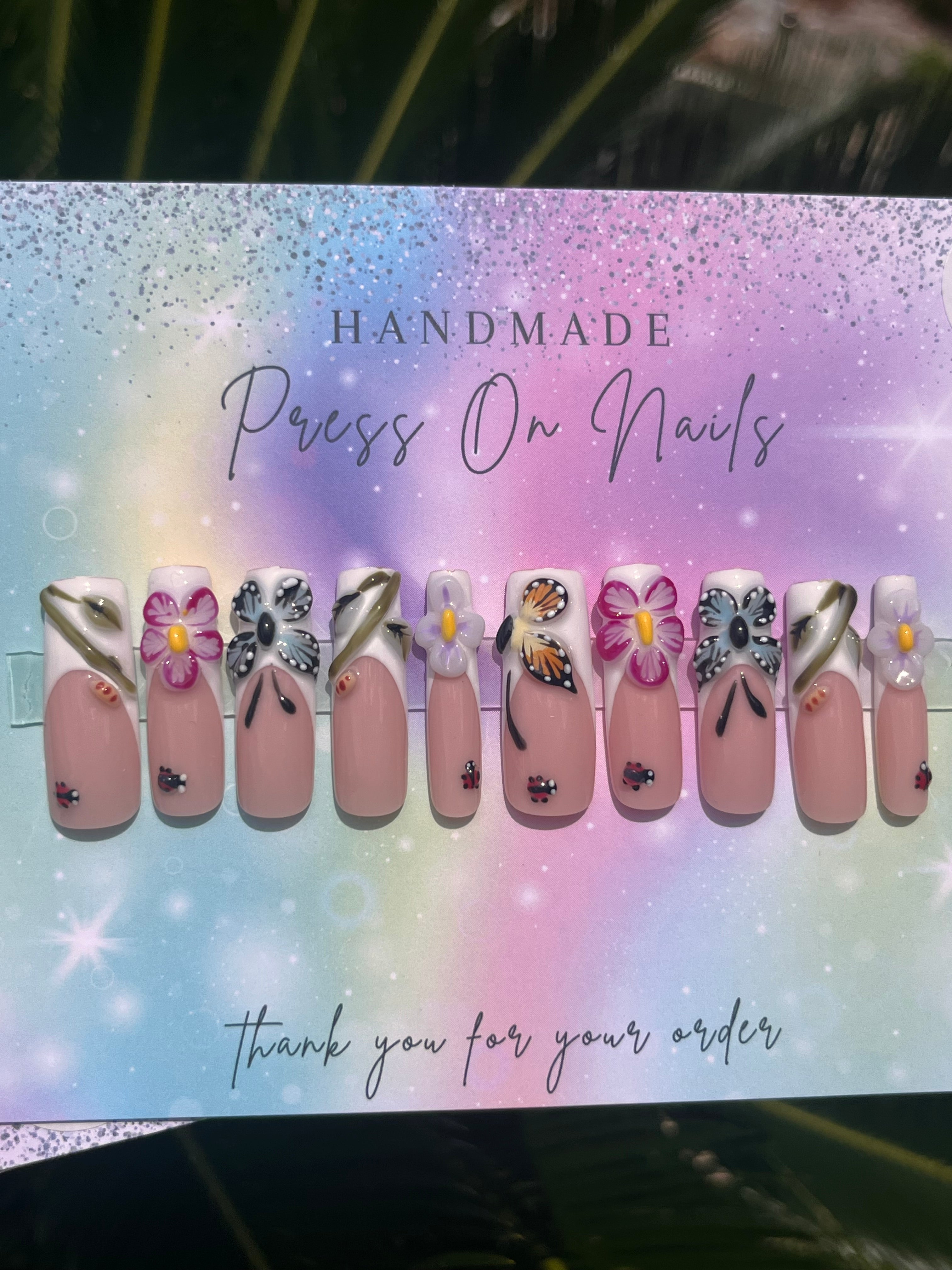 Long white French tip spring time 3d floral butterfly lady bug caterpillar press ons