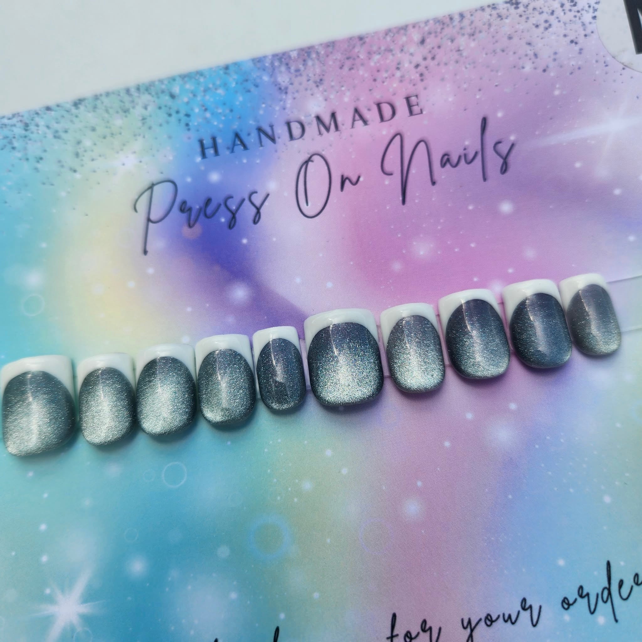 square shape white French tip cat eye grey glitter press ons