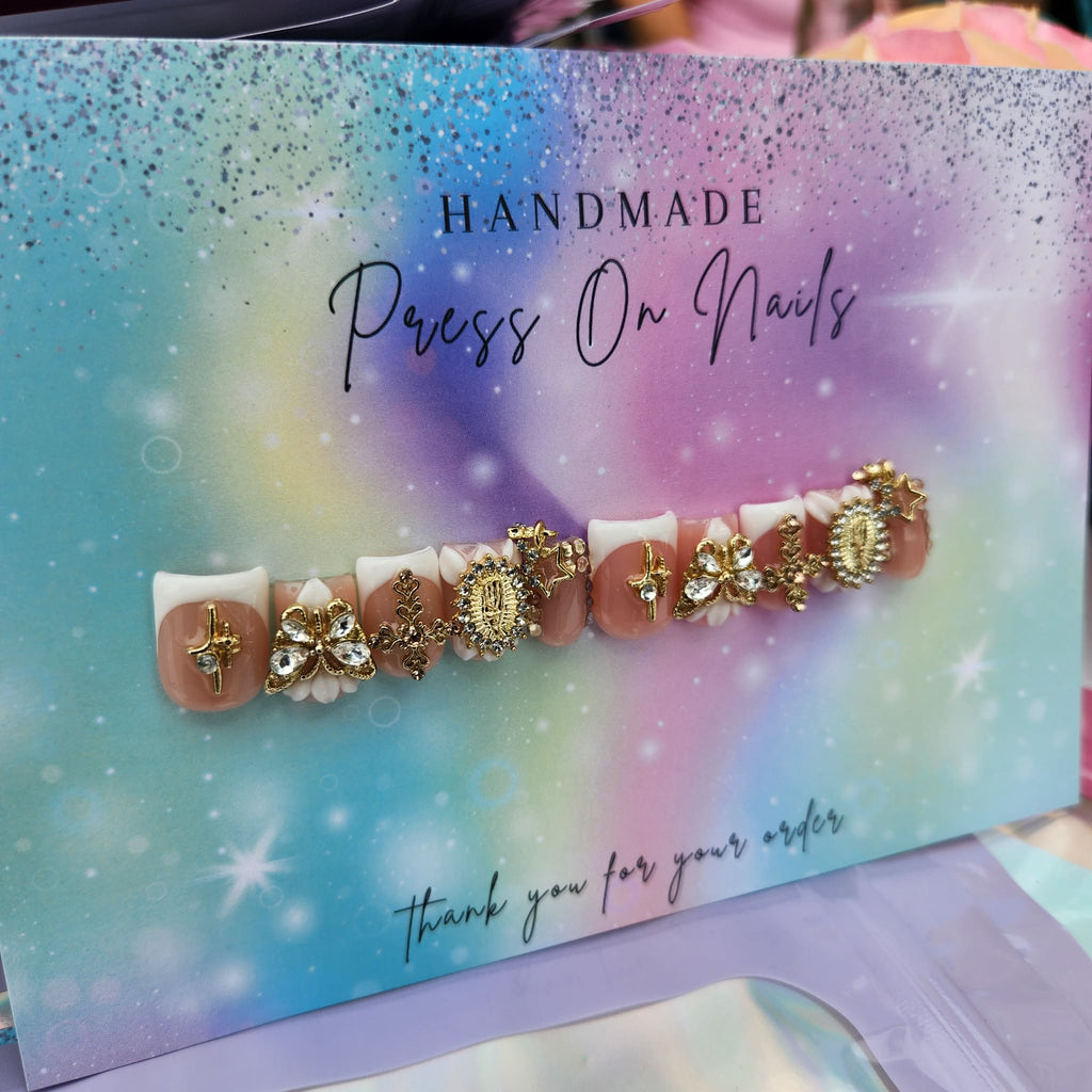 short square shape white French tip gold gem floral press ons