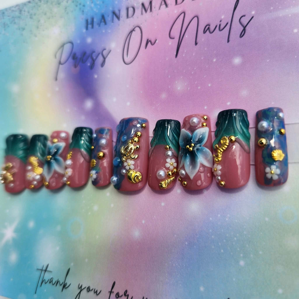 teal blue French tip floral ocean press ons