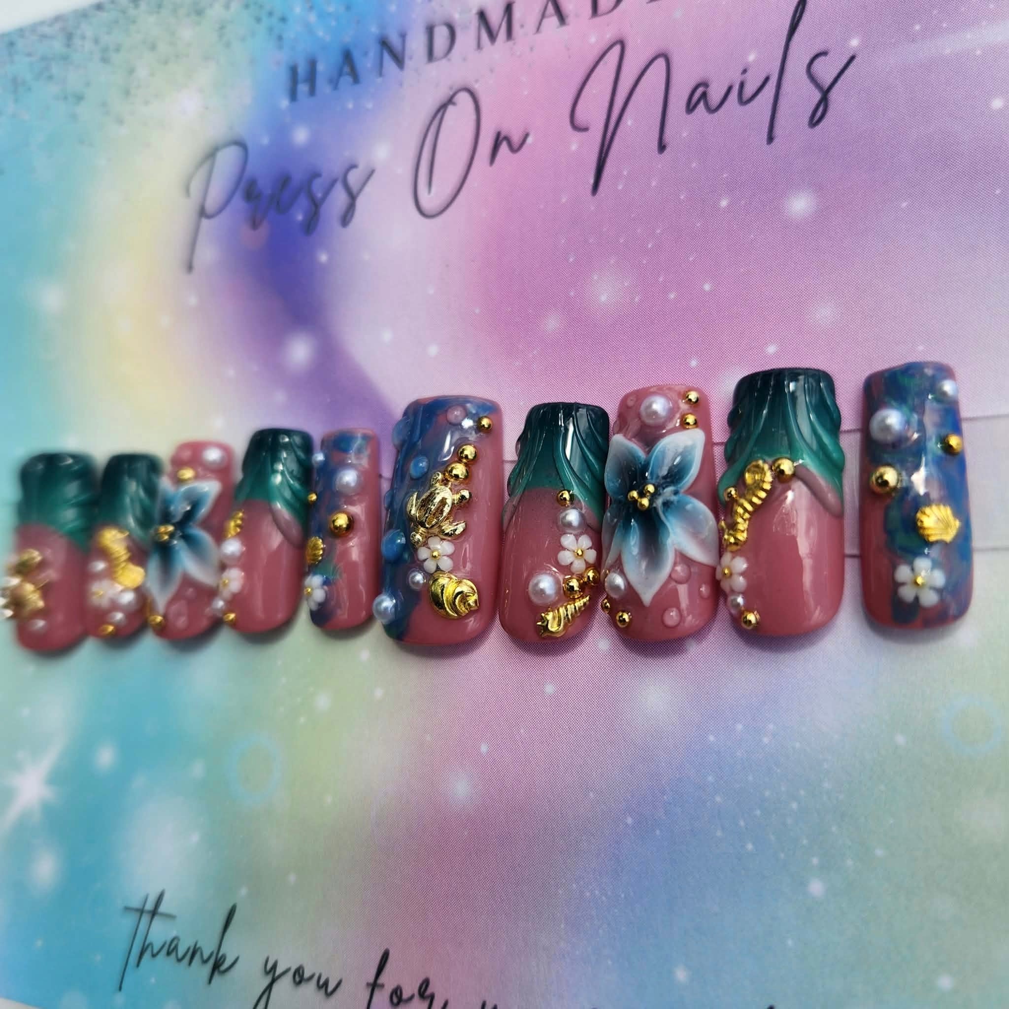 teal blue French tip floral ocean press ons