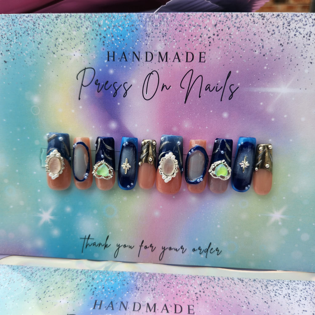 blue navy blue gold chrome gem press ons