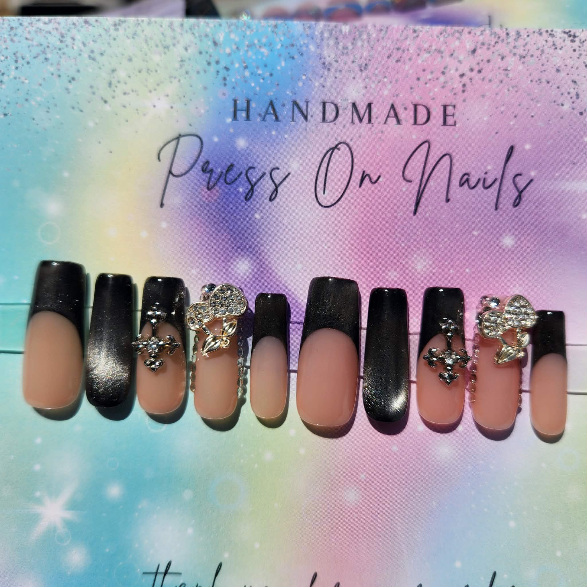 Long silver cat eye French tip glitter cross silver cherry press ons