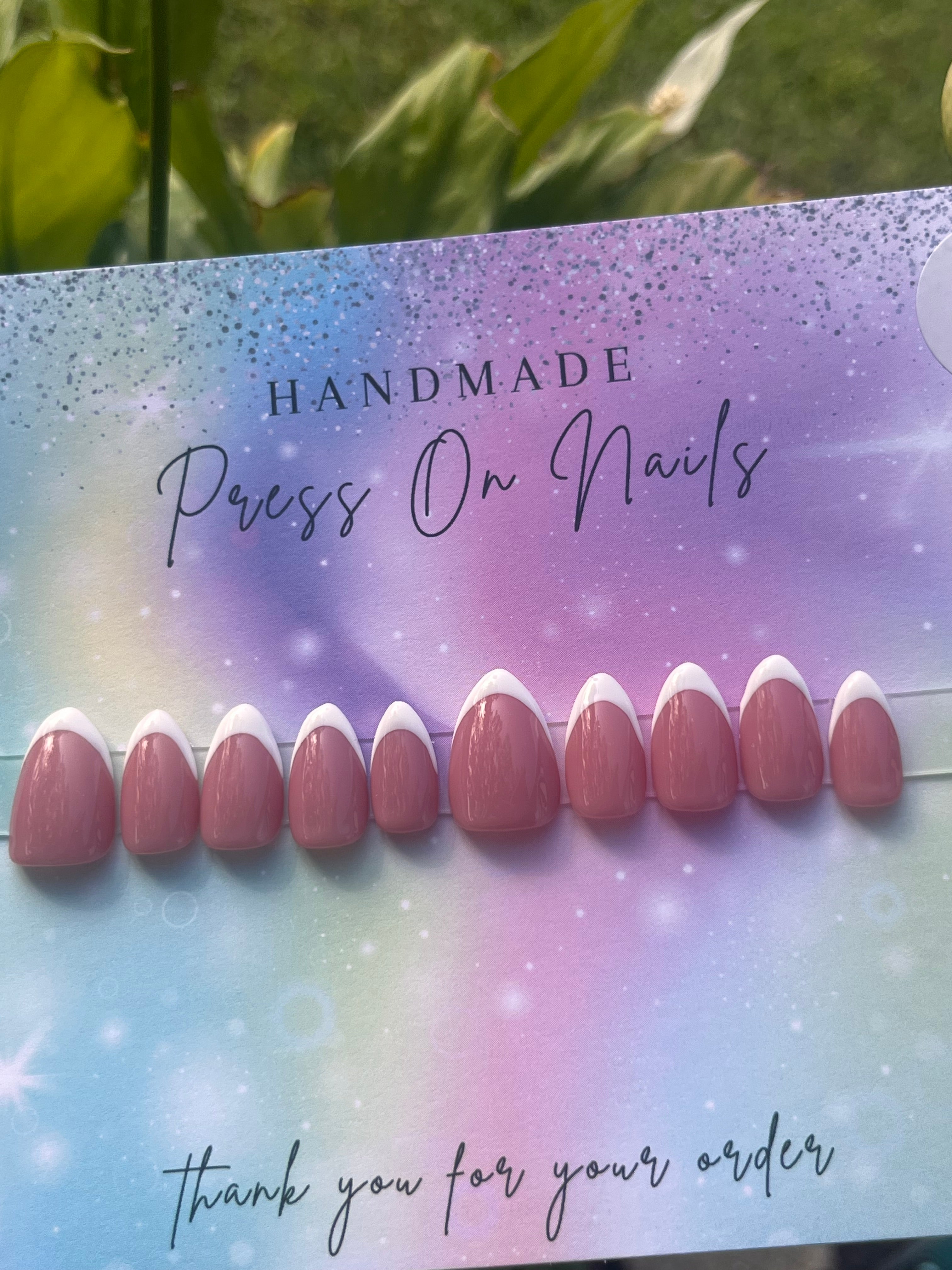 Short almond shape pink white French tip press ons