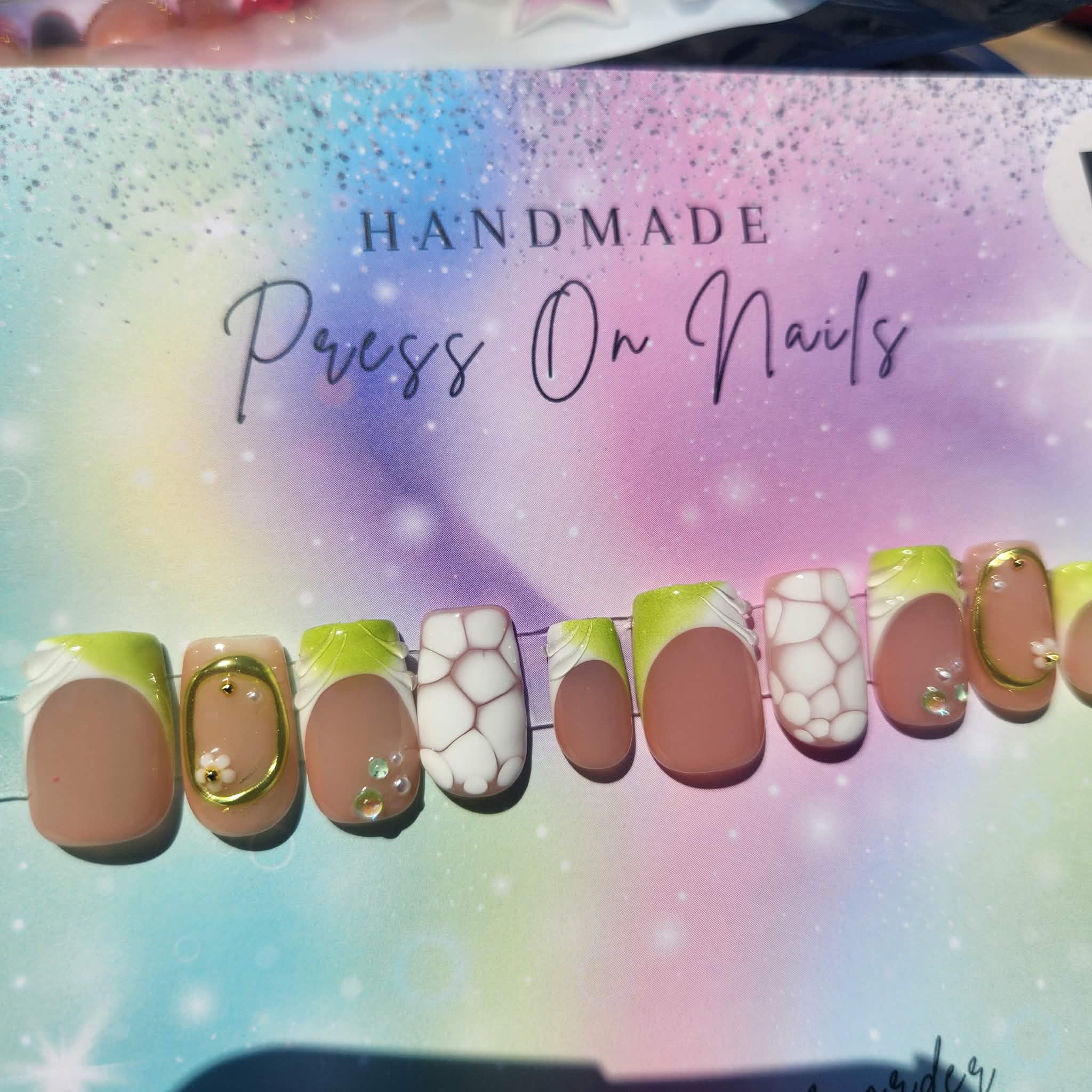Short lime green white French tip white bloom gold chrome press ons