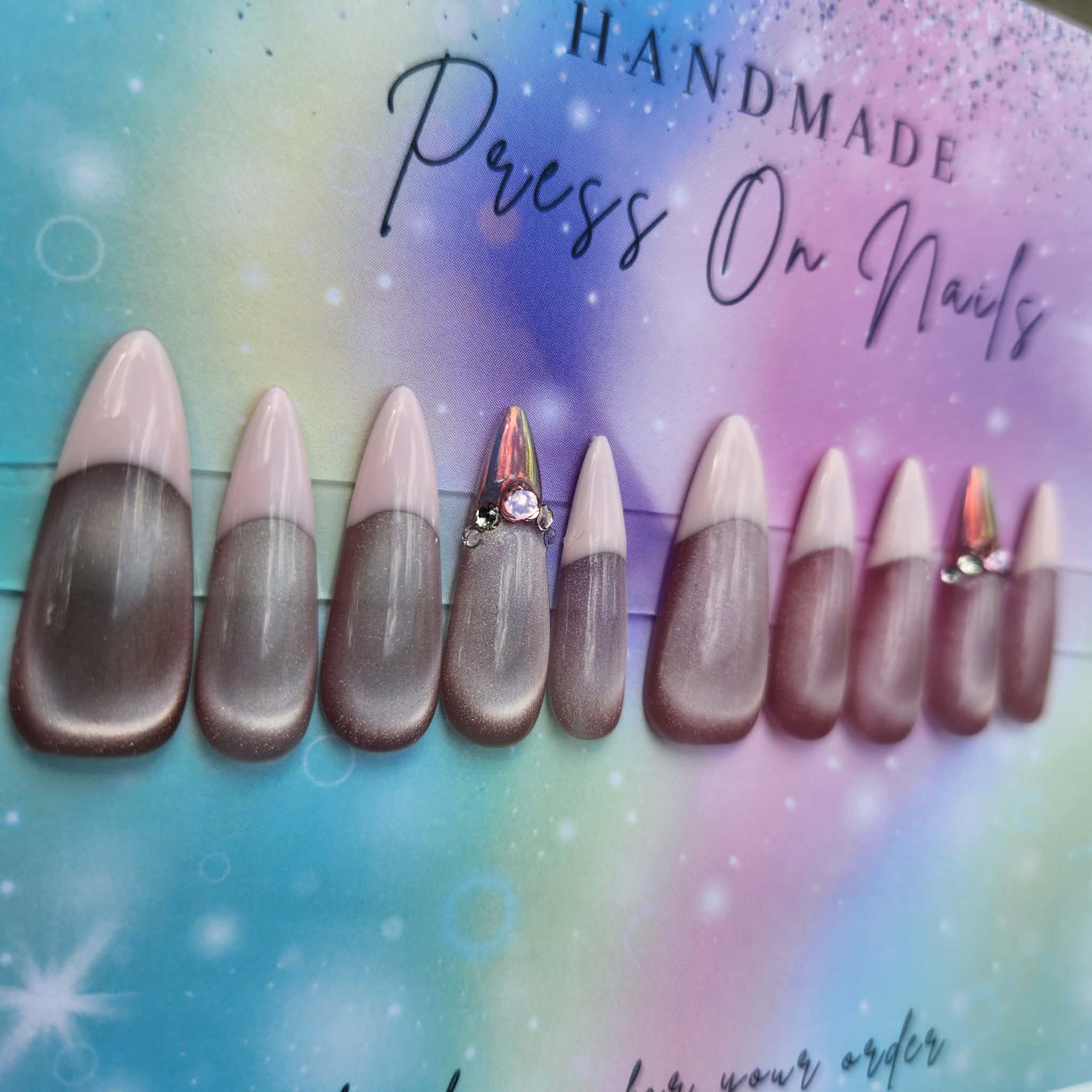 light weight baby pink cateye glitter chrome French tip press ons