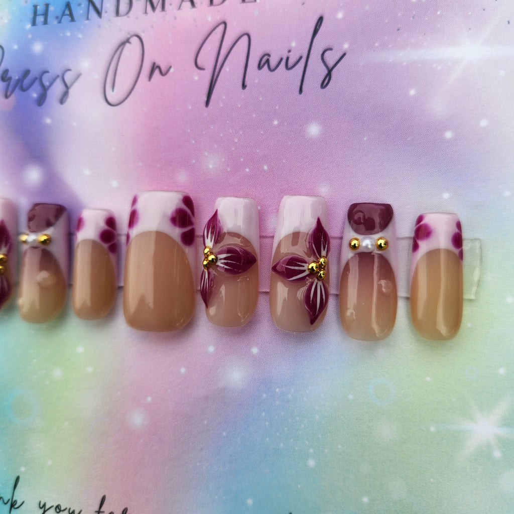 lilac purple floral gold beads press ons
