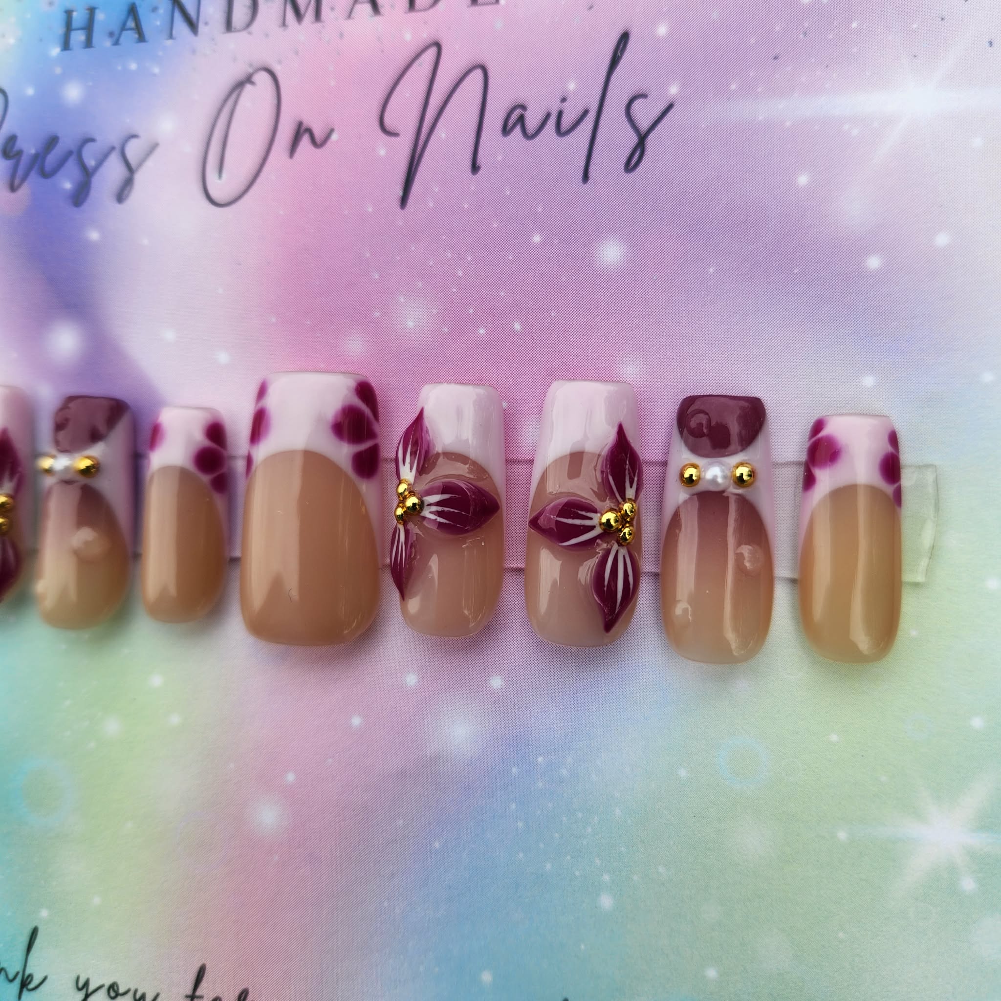 lilac purple floral gold beads press ons