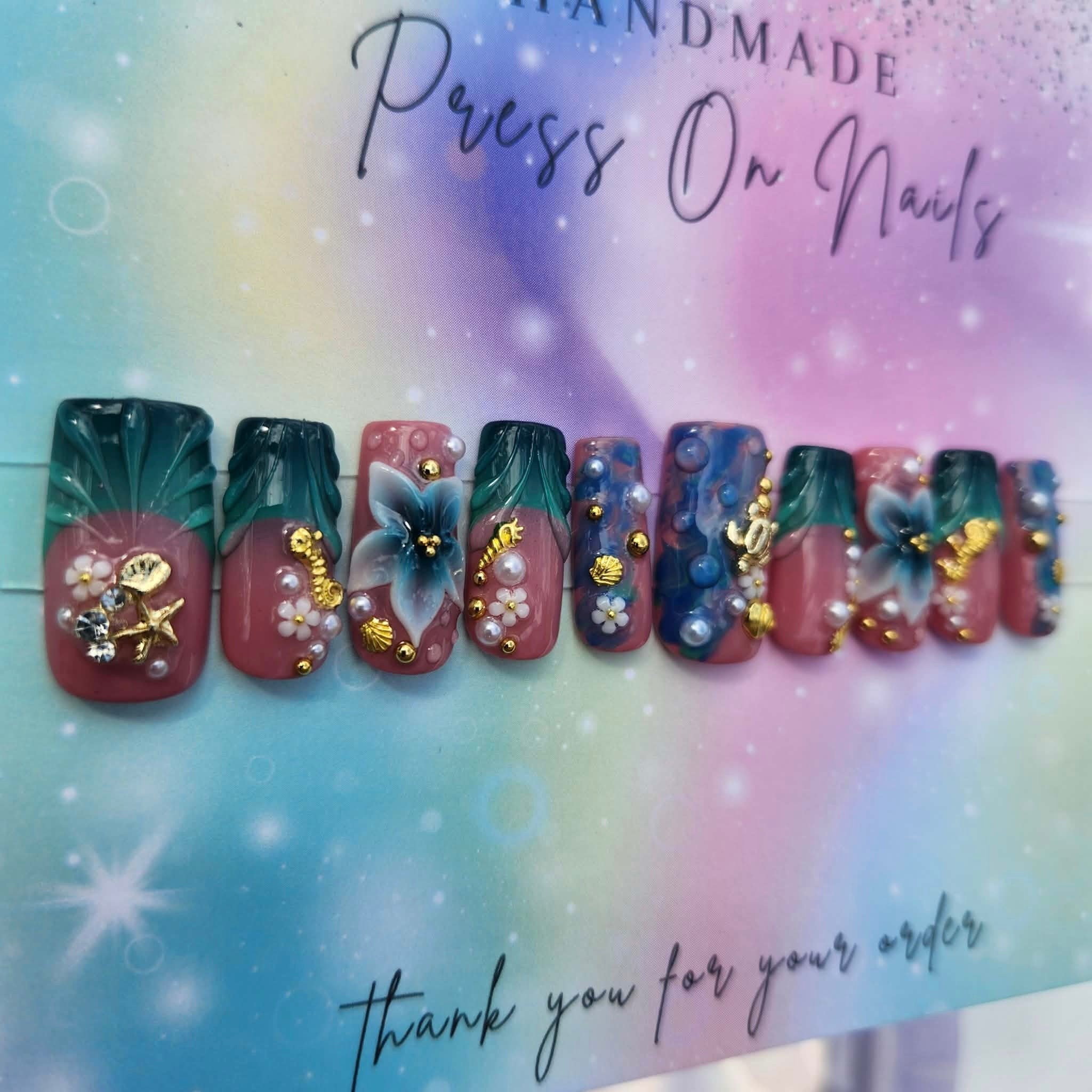 teal blue French tip floral ocean press ons