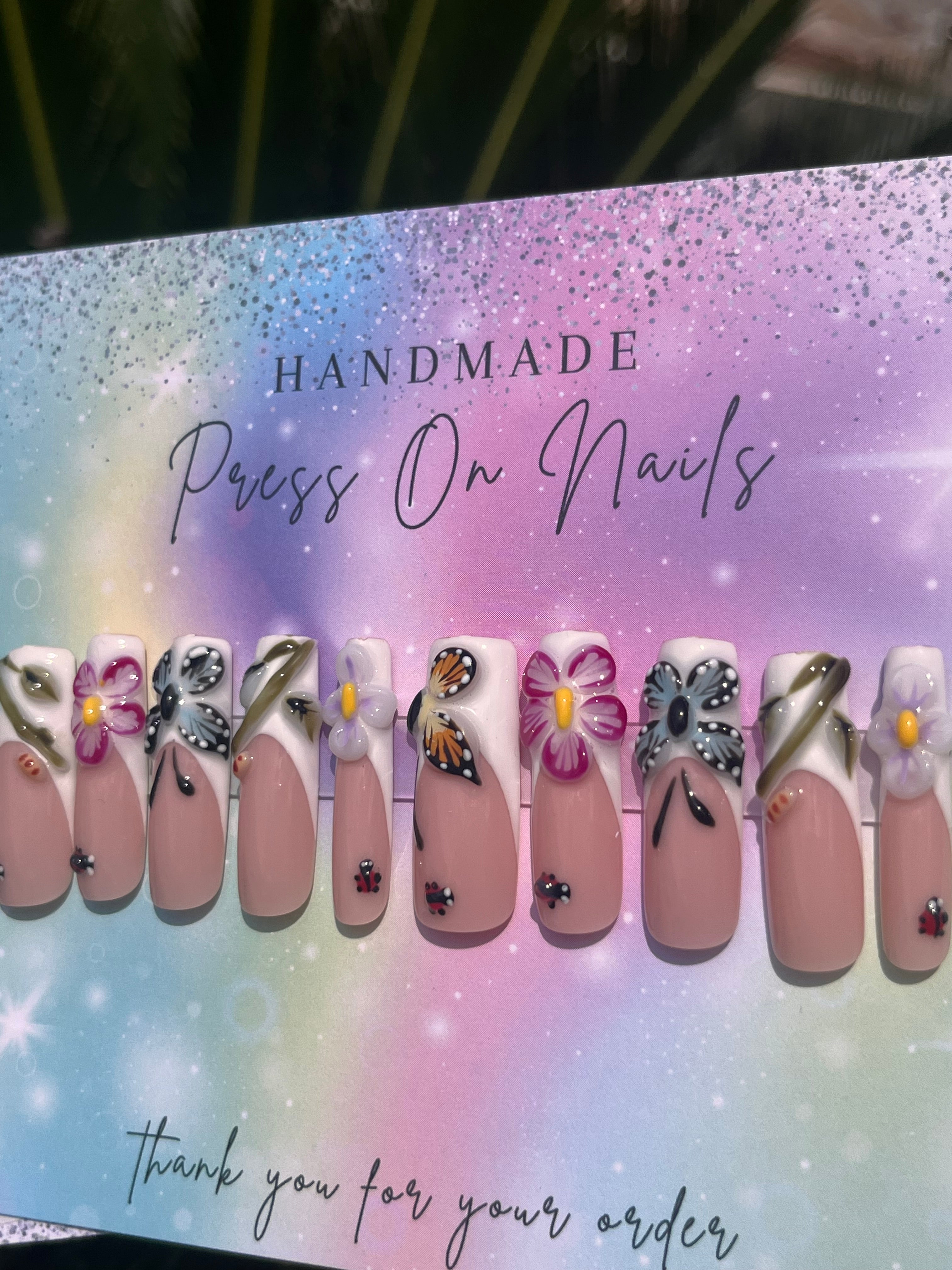 Long white French tip spring time 3d floral butterfly lady bug caterpillar press ons