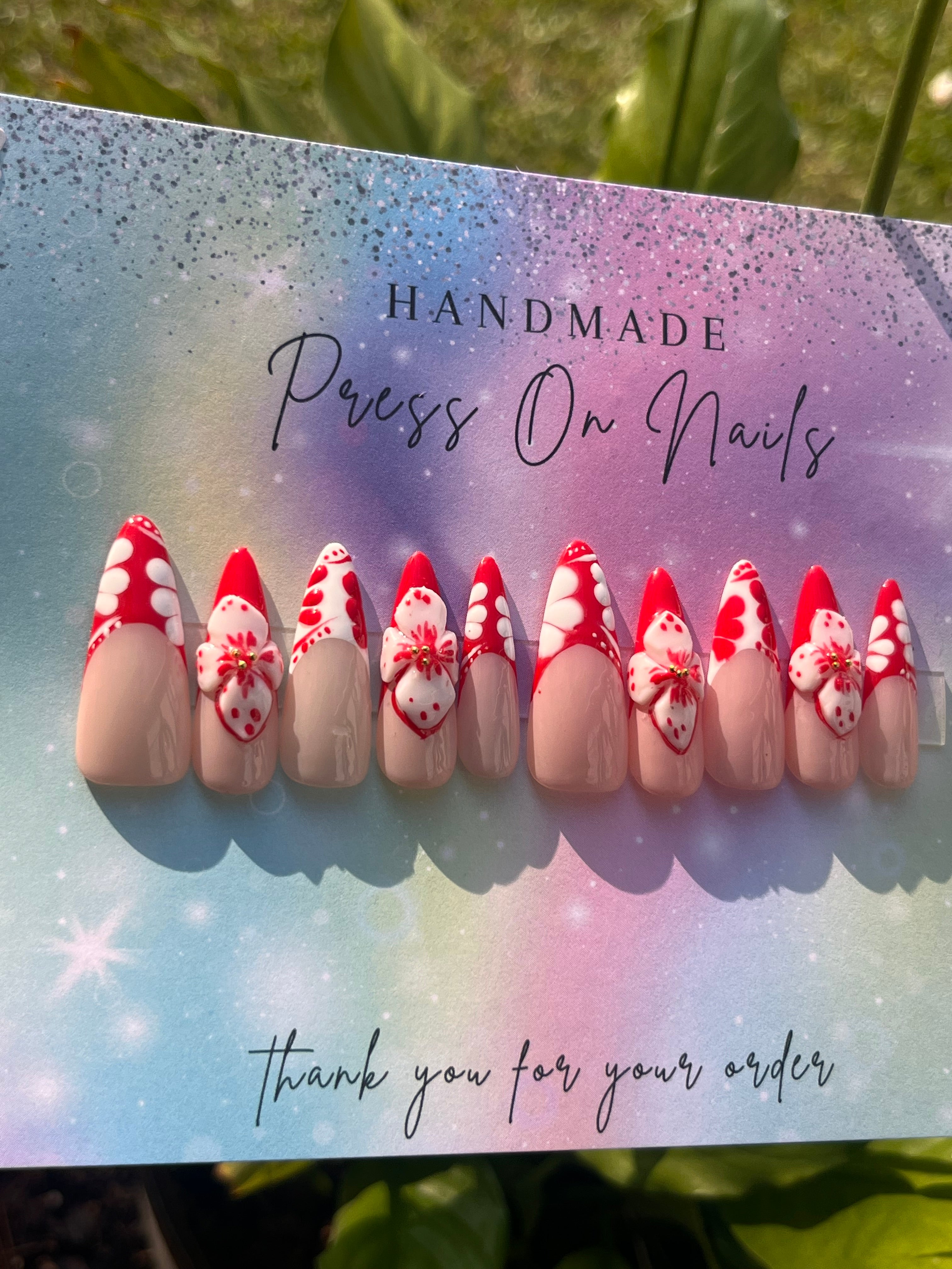 Long stiletto shape red floral French tip 3d floral press ons