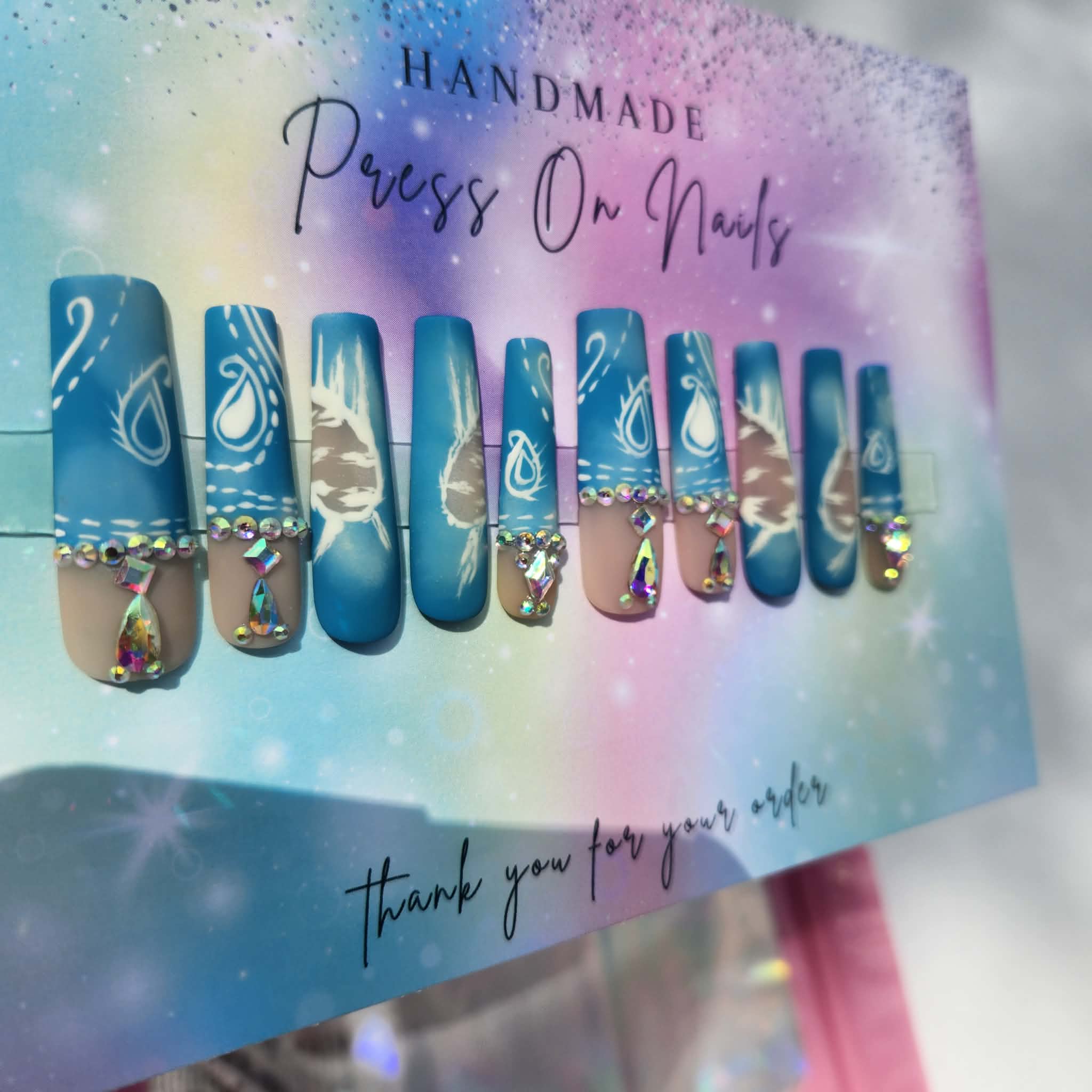 xxl matte blue bandanna white iridescent rhinestone press ons