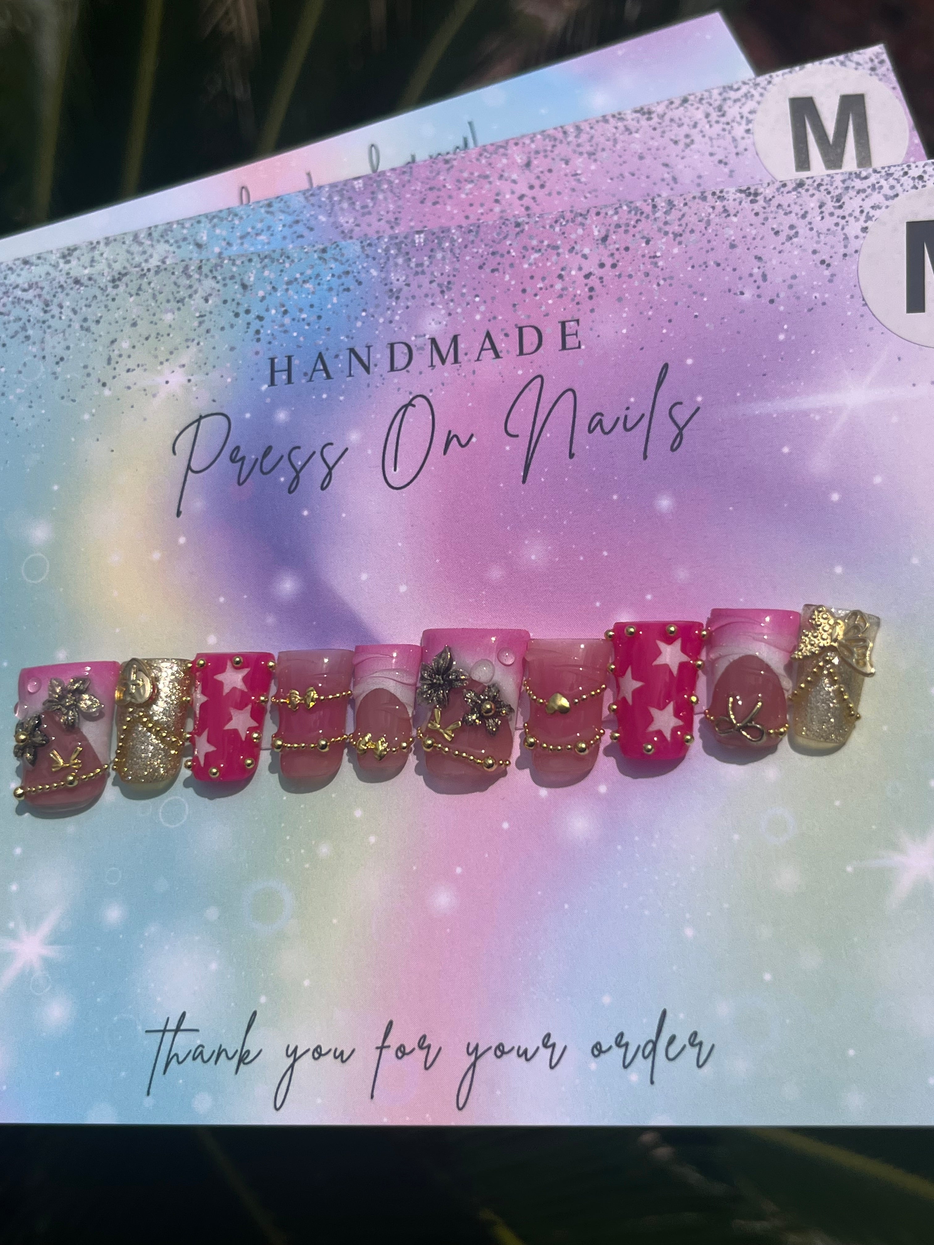 Short duck shape pink white ombre Frenchjj tip gold glitter pink star chain butterfly press ons