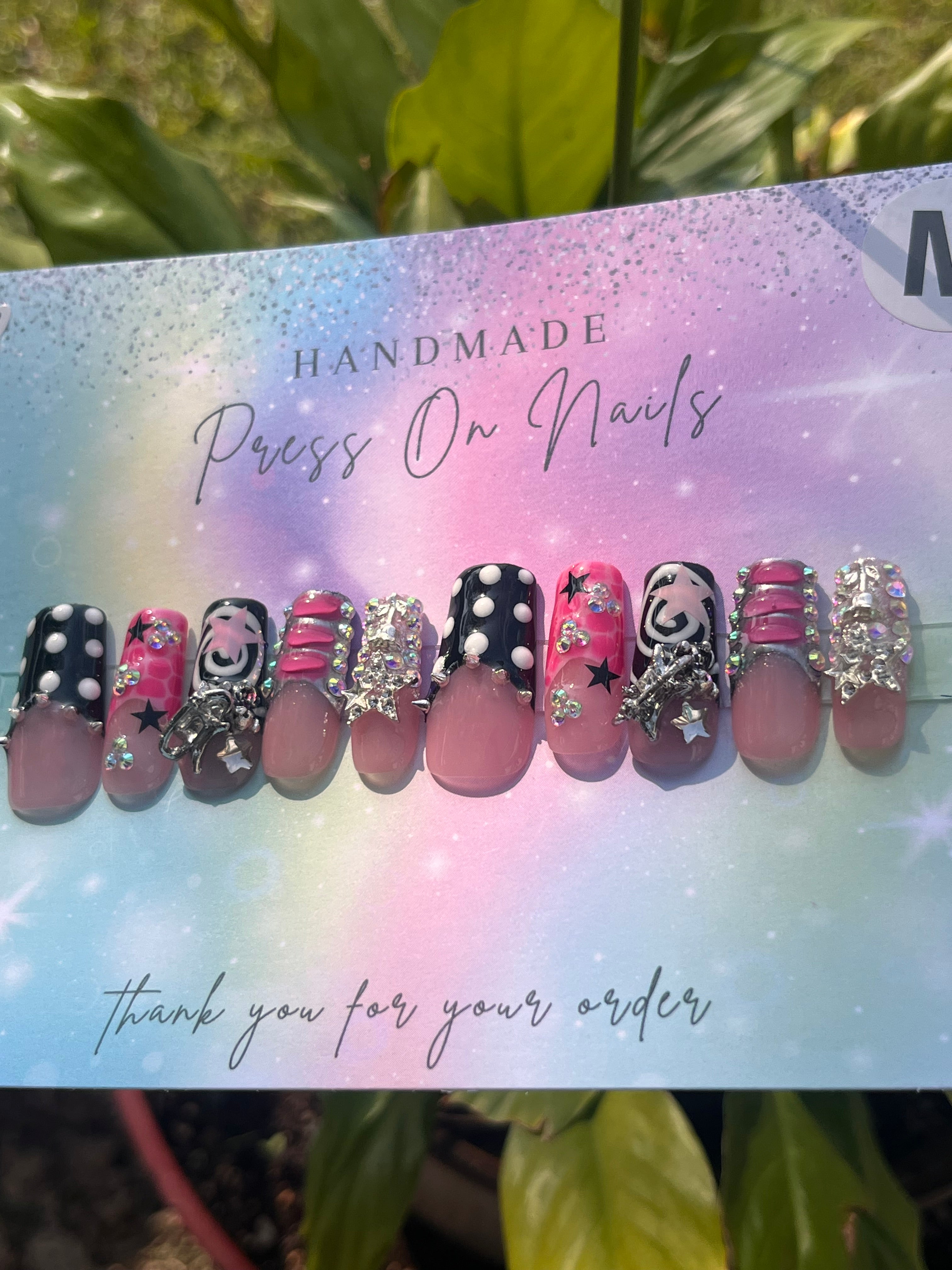 Black white polka dot pink French tip swirl pink star rhinestone press ons