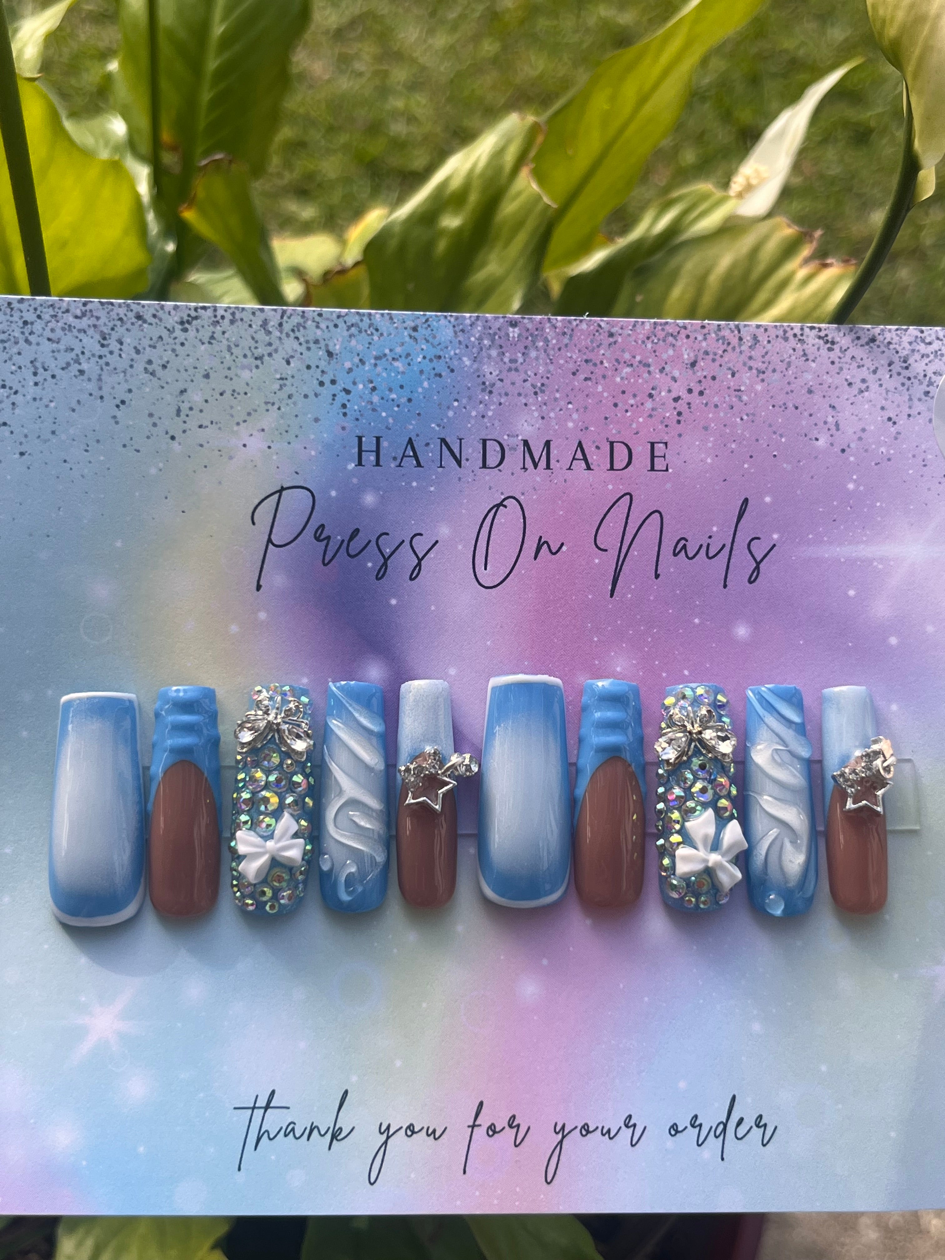 Long baby blue blue French tip rhinestone bow star press ons
