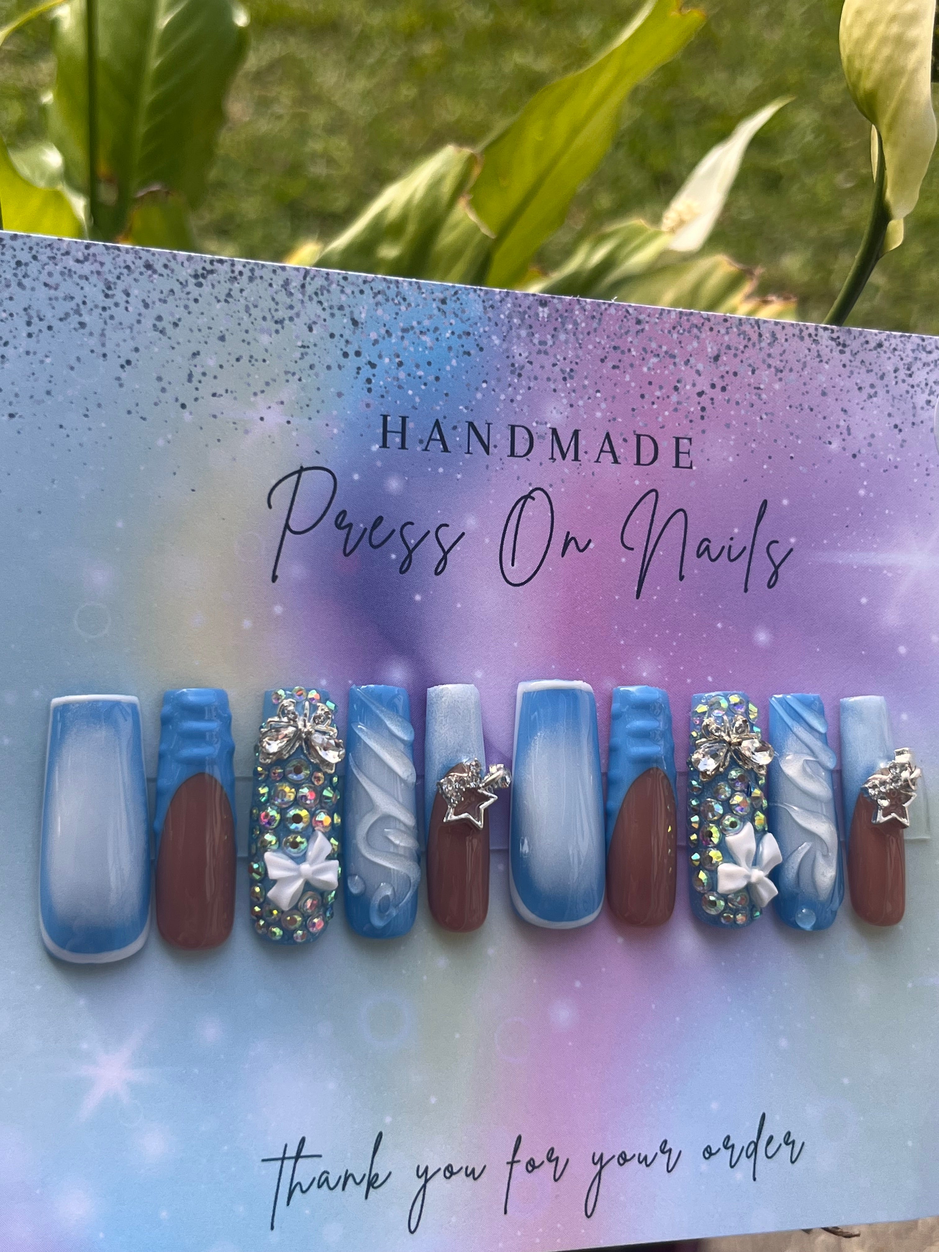 Long baby blue blue French tip rhinestone bow star press ons
