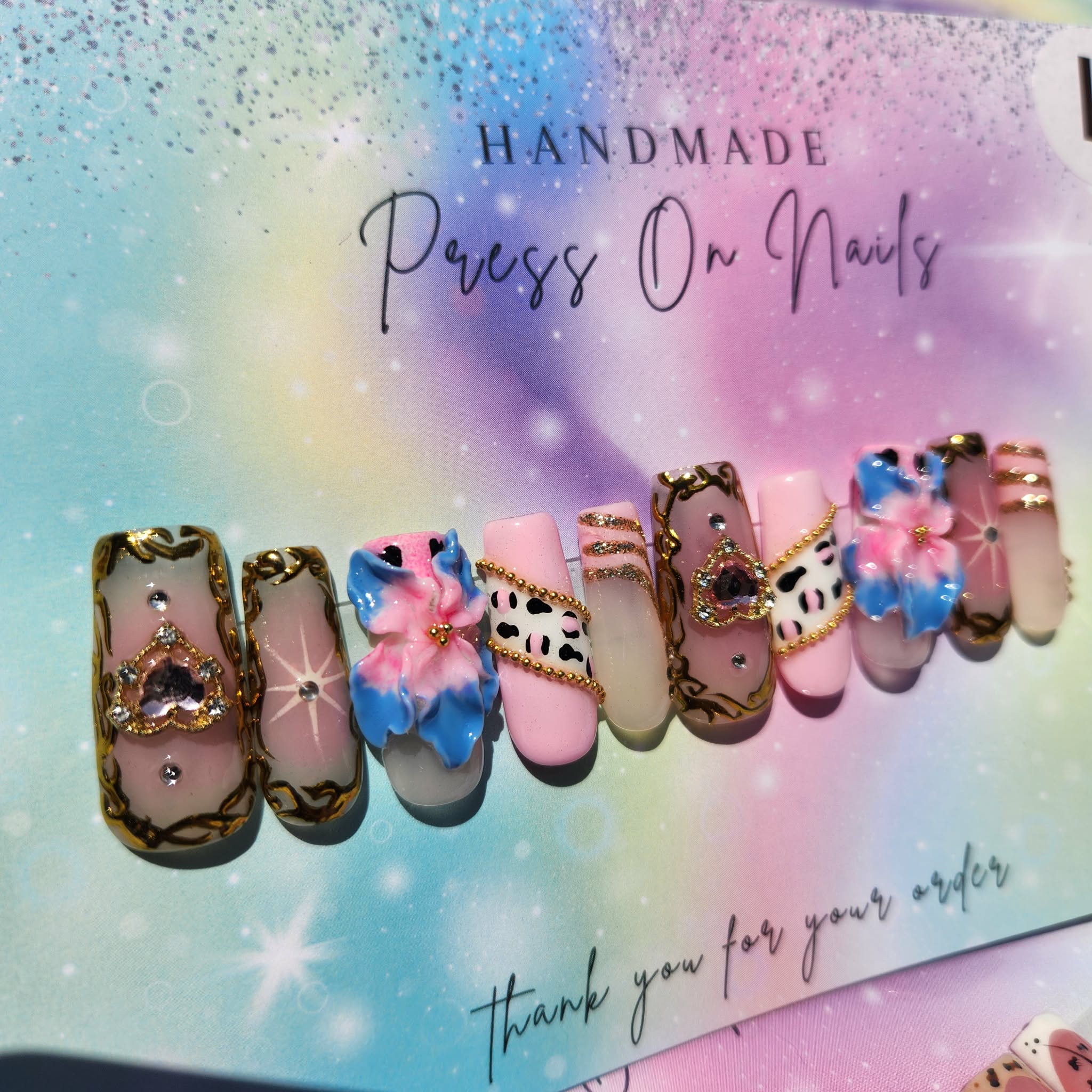 Long gold, chrome, heart crafted, blue, pink floral, light, pink pink leopard press ons