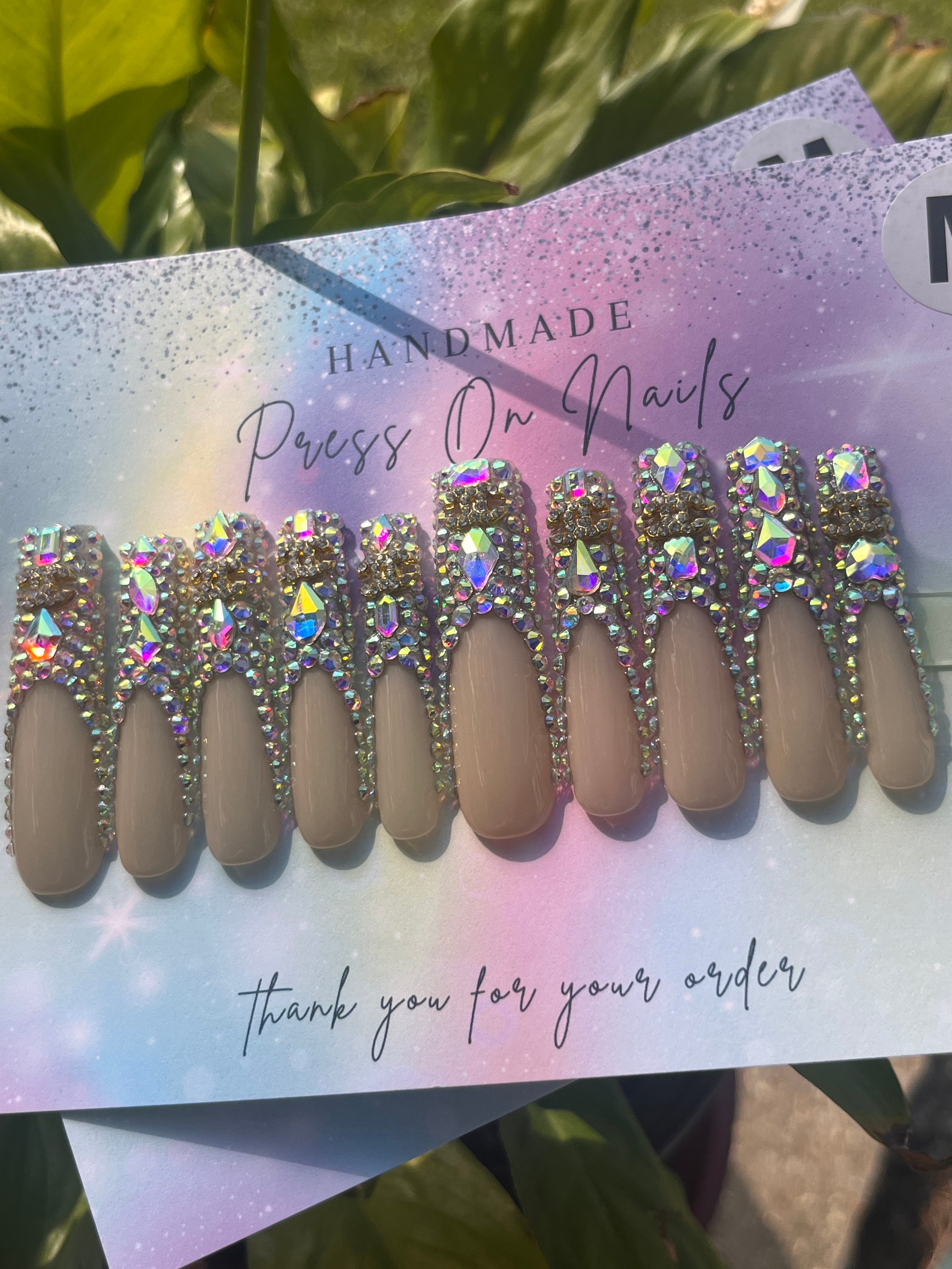 Xxxl iridescent rhinestone bling French tip press ons