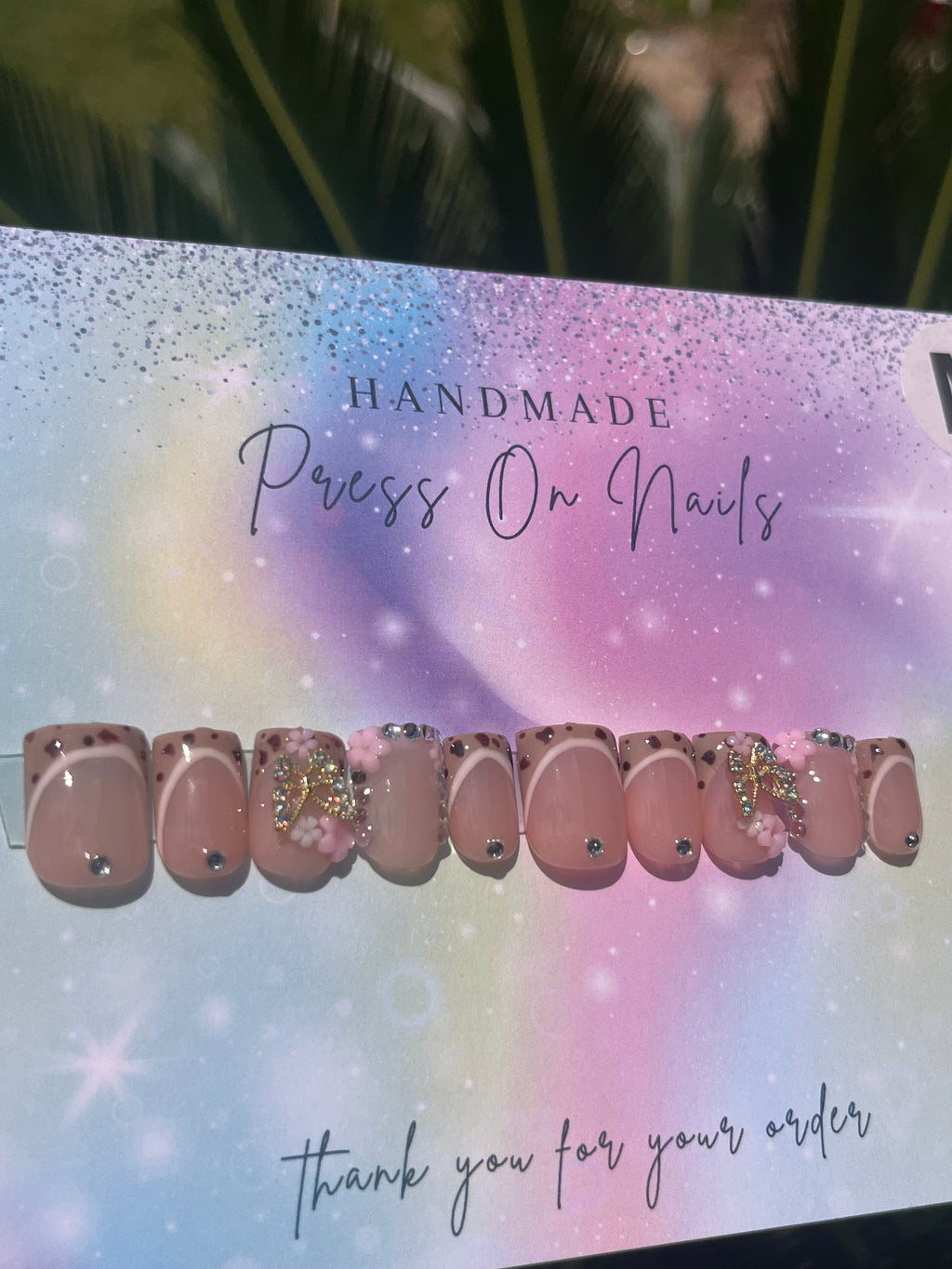 Short square shape brown leopard white lining pink floral rhinestone butterfly press ons