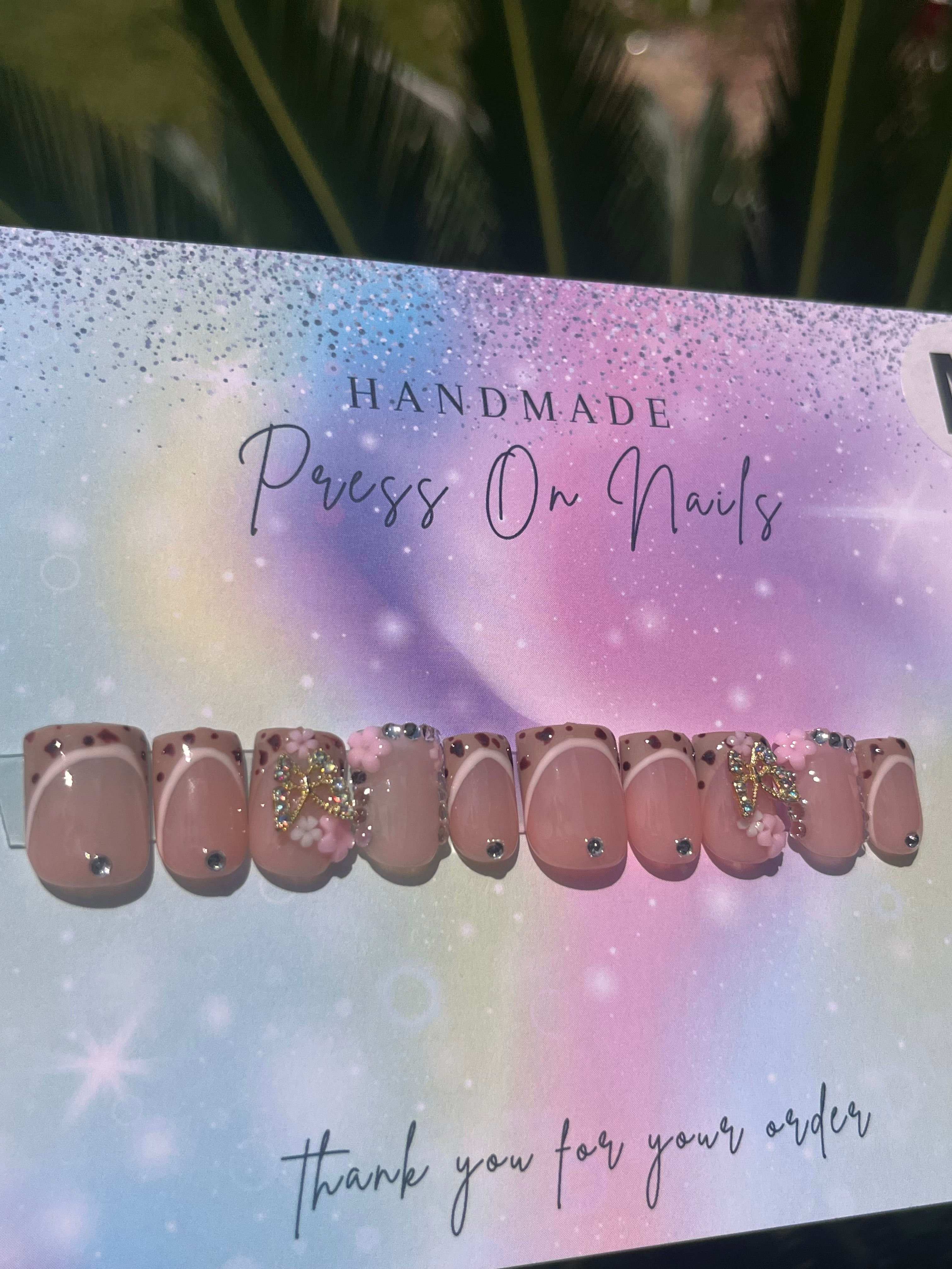 Short square shape brown leopard white lining pink floral rhinestone butterfly press ons