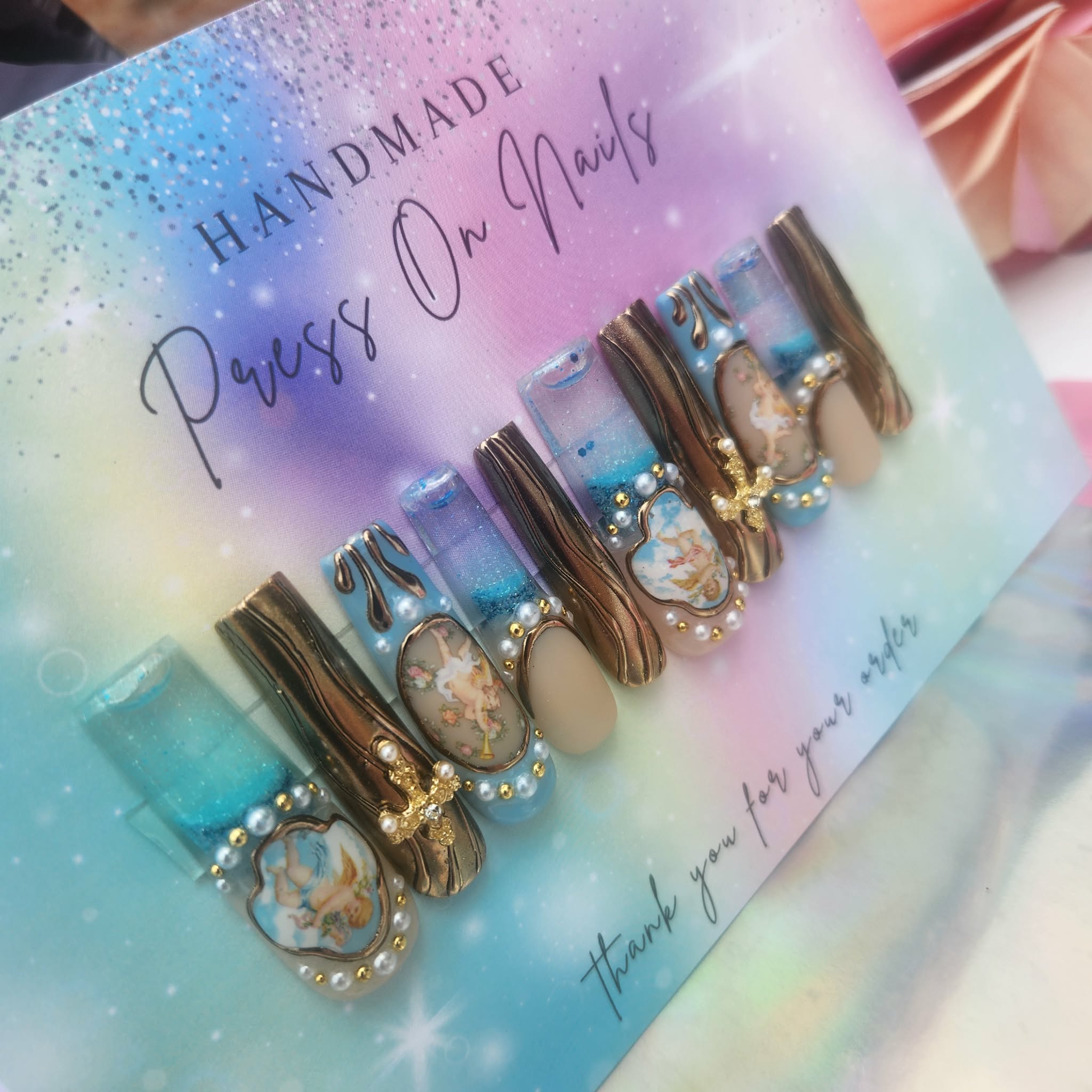 XXL angel baby blue glitter gold chrome aqua nails