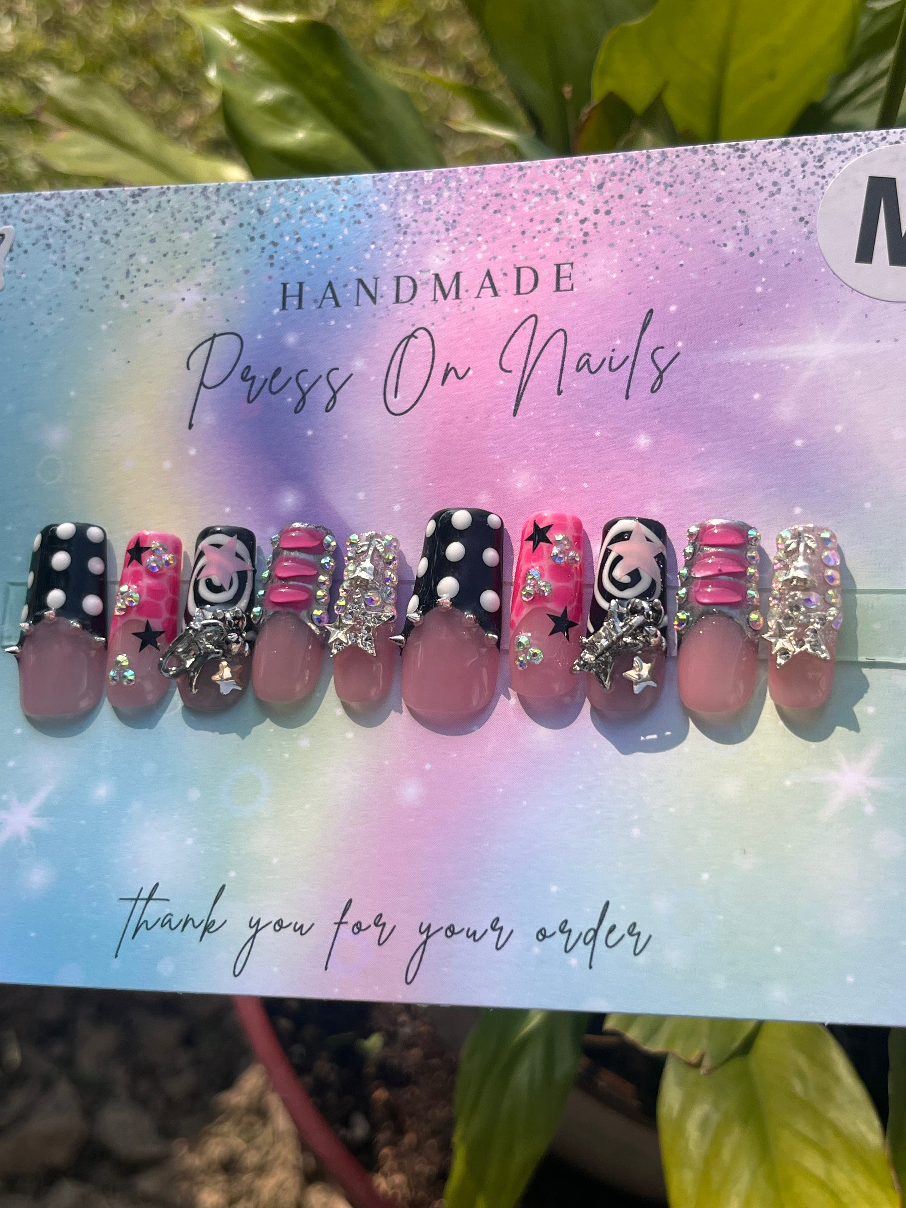 Black white polka dot pink French tip swirl pink star rhinestone press ons