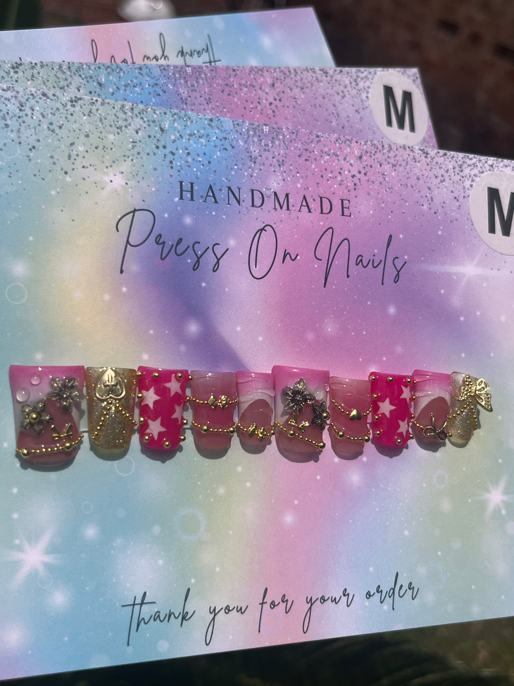 Short duck shape pink white ombre Frenchjj tip gold glitter pink star chain butterfly press ons