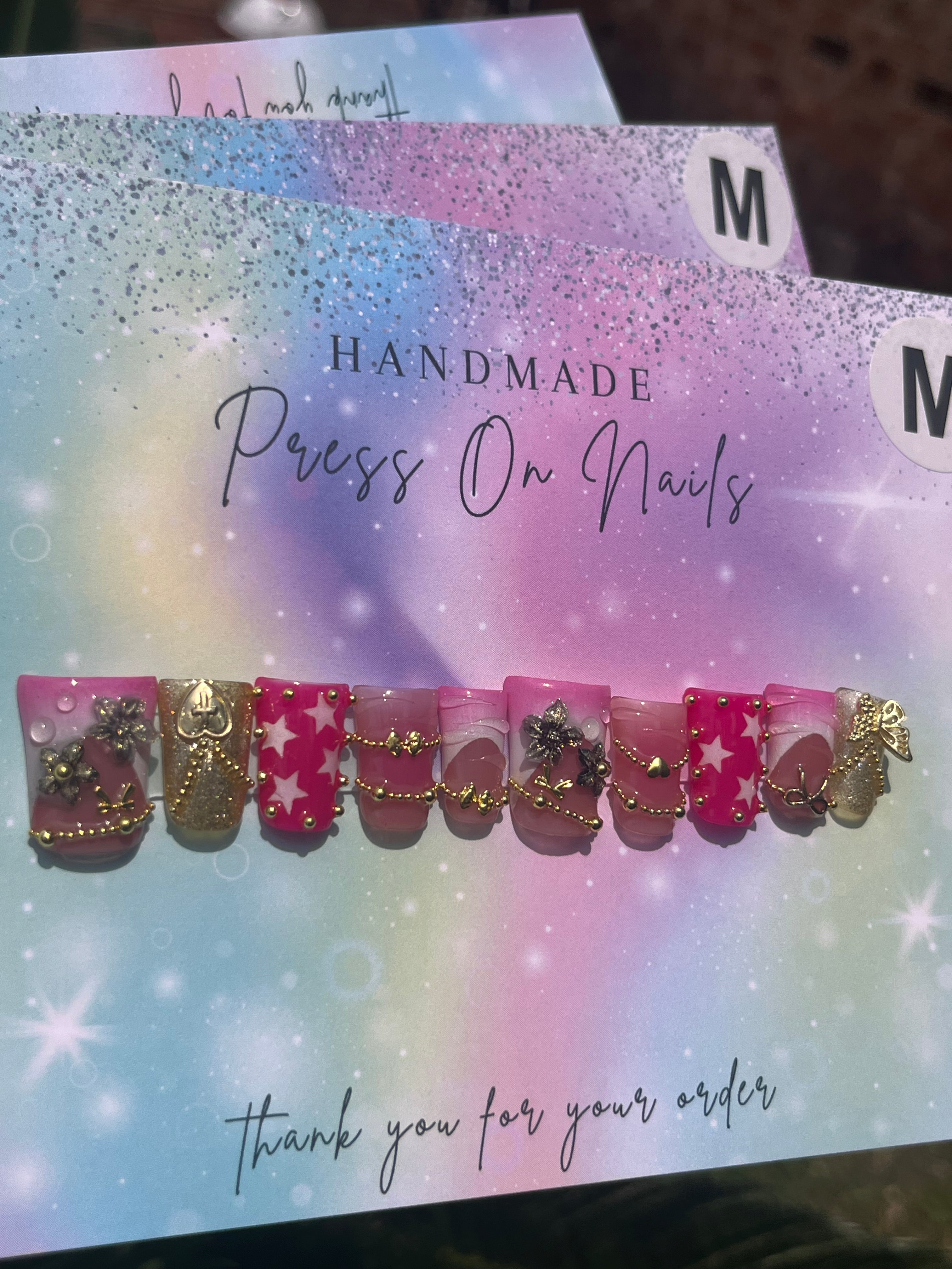 Short duck shape pink white ombre Frenchjj tip gold glitter pink star chain butterfly press ons