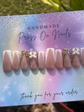 White French tip, gold rhinestone, white bow, money sign press ons