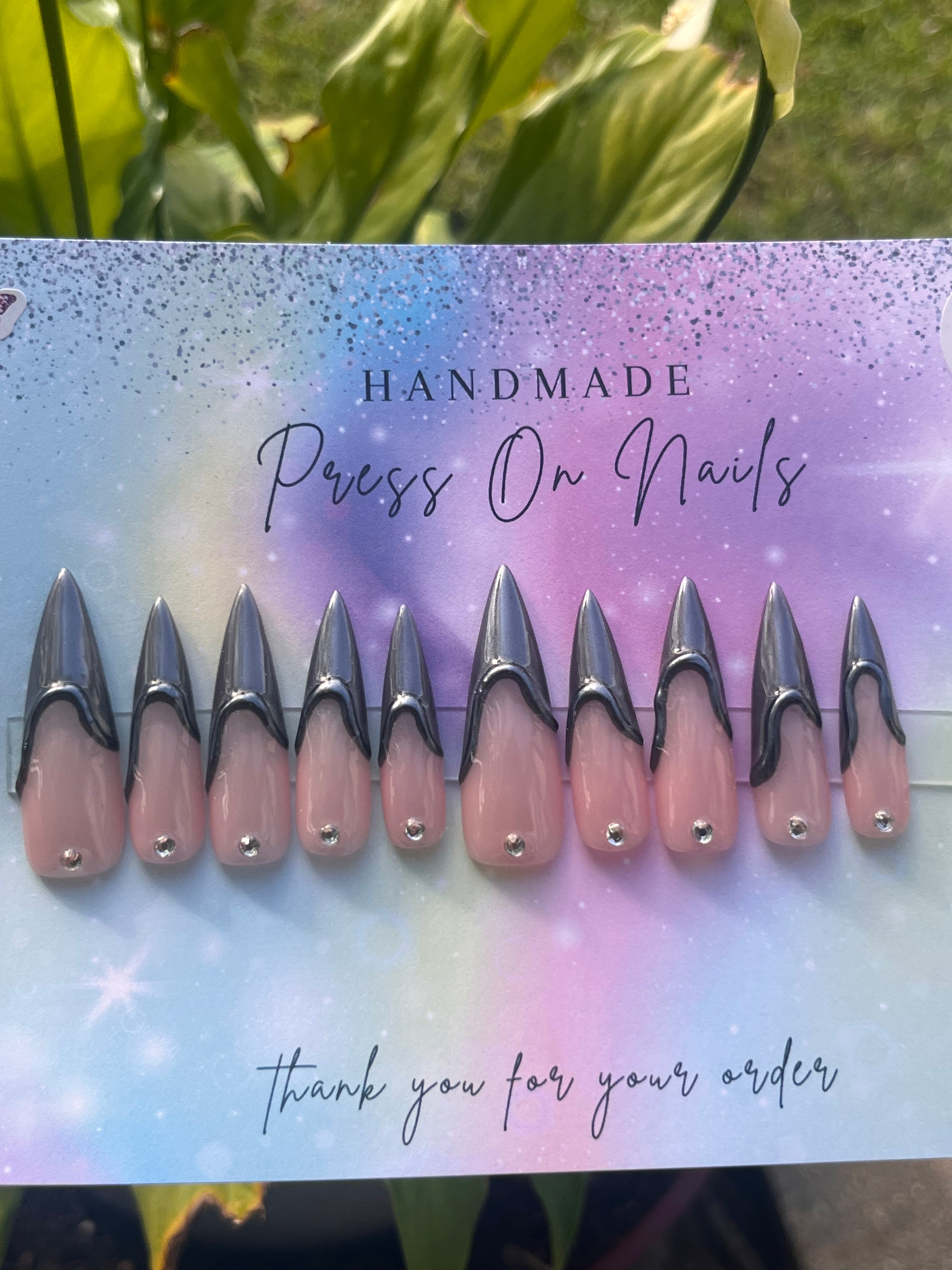 Xxl silver chrome stiletto shape French tip rhinestone press ons