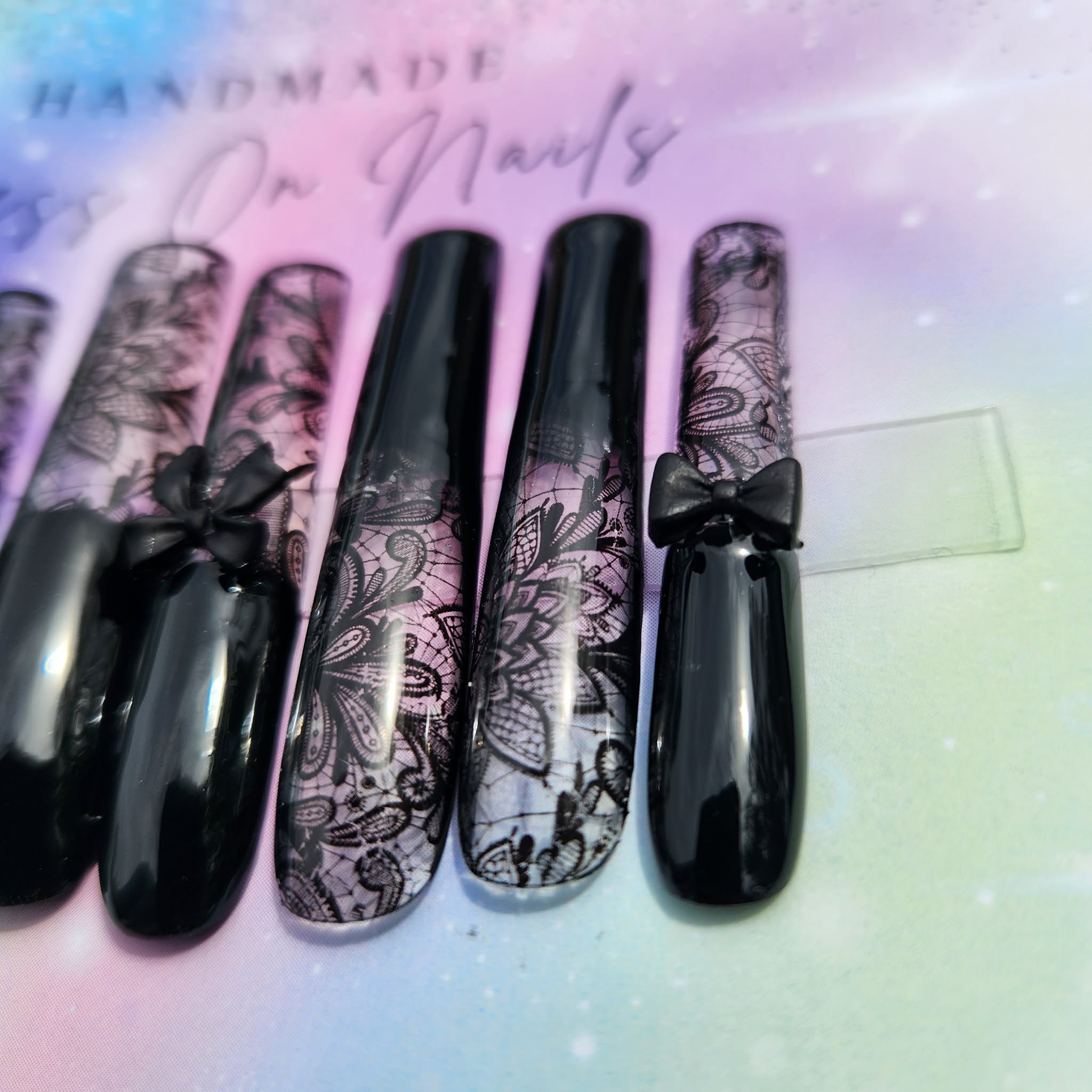 xxxl black lace bow press ons