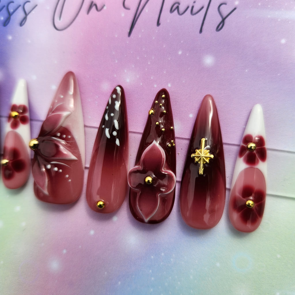 long stiletto shape deep burgundy French tip 3d floral press ons