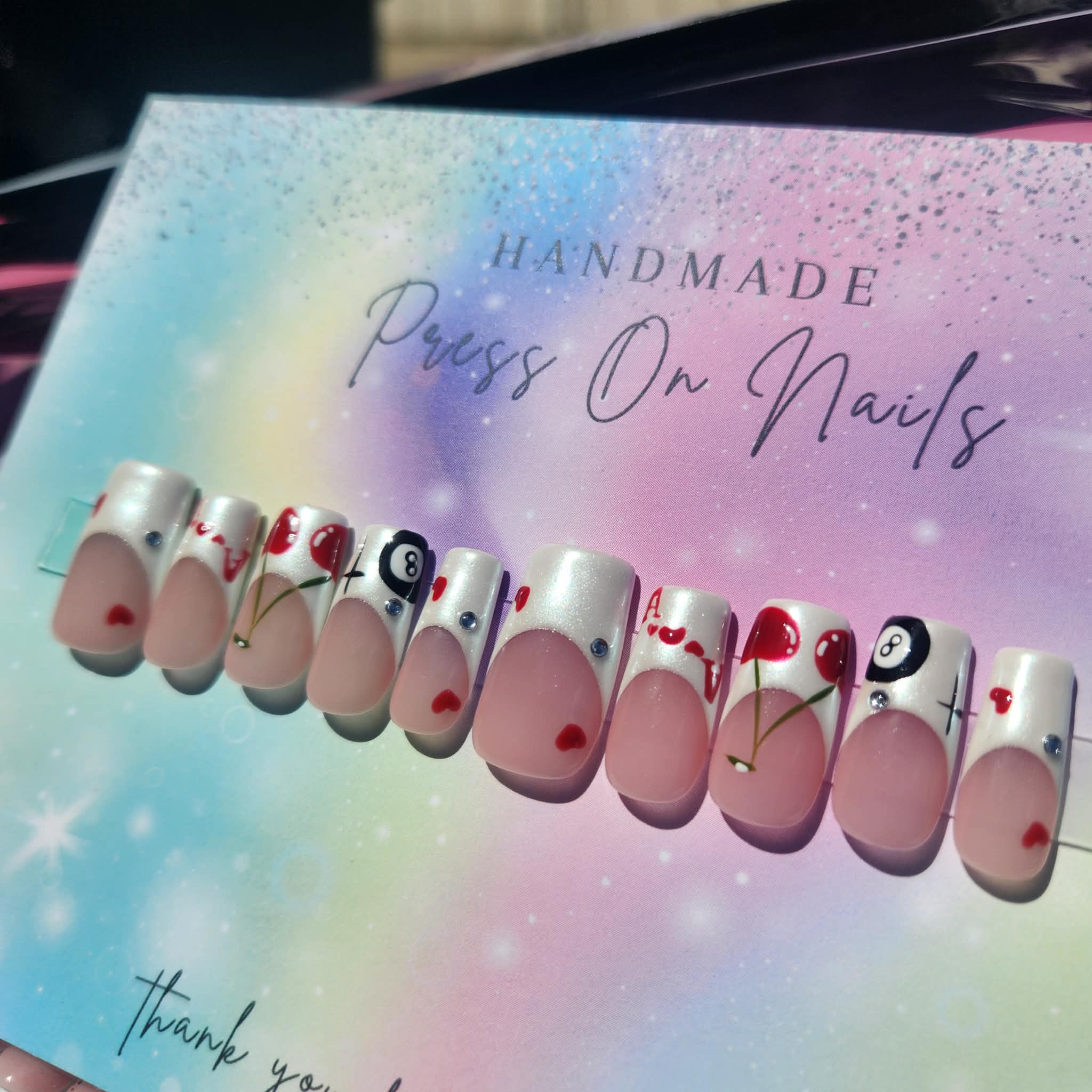 Shimmer white French tip heart A cherry 8ball press ons