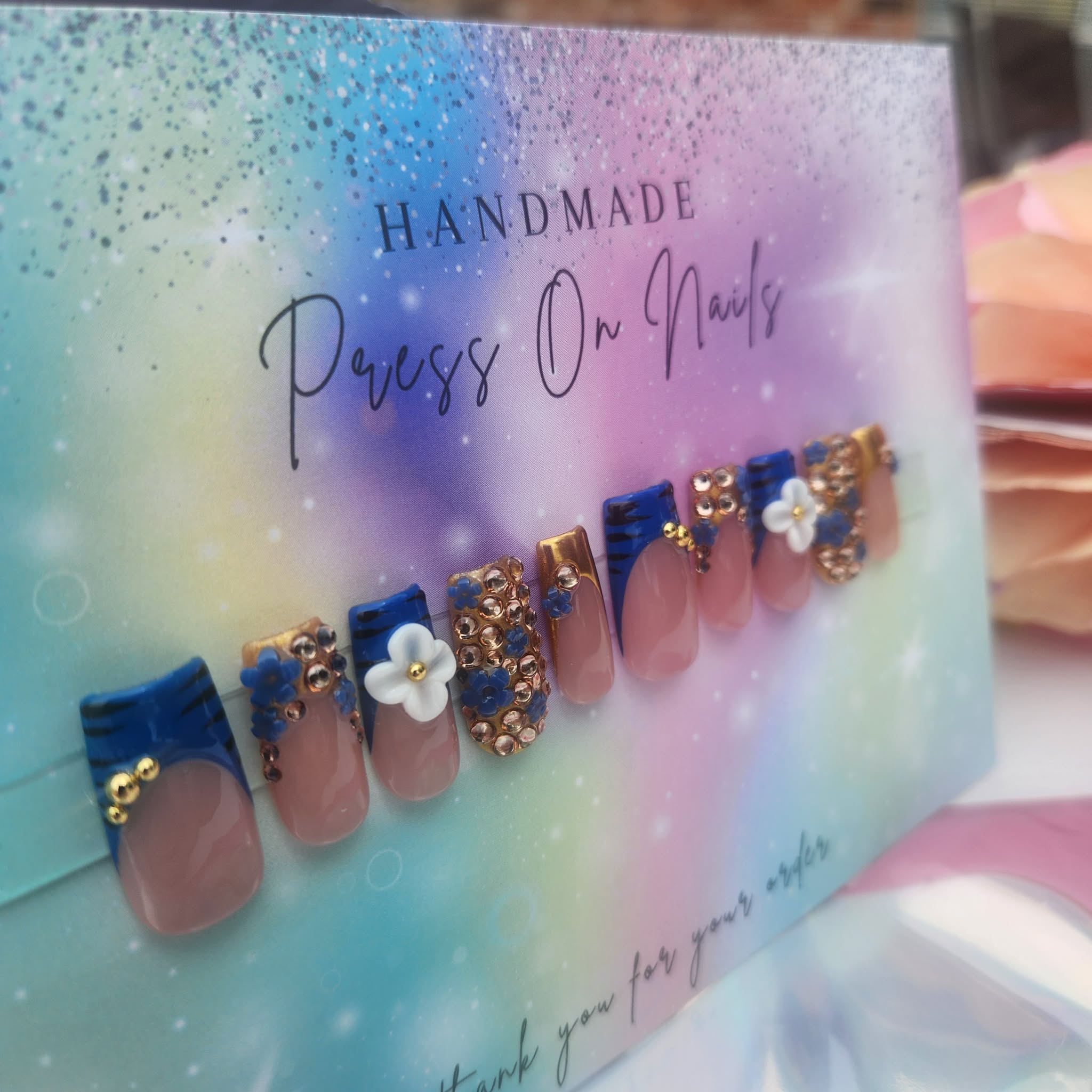blue French tip gold beads rhinestone blue floral  white floral gold chrome press ons