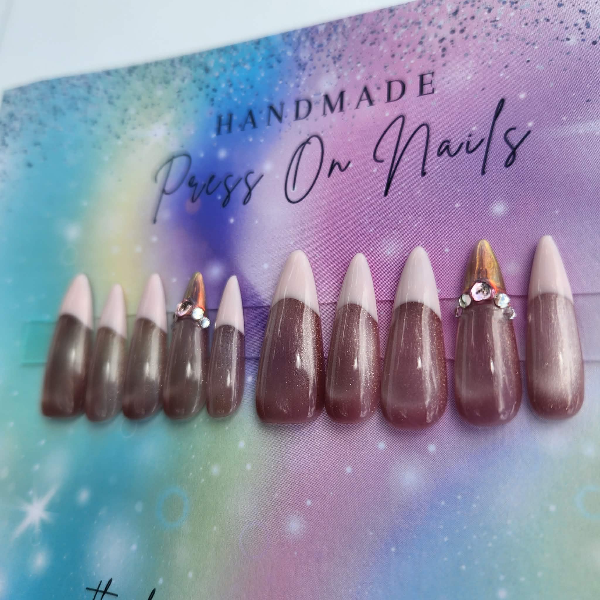 light weight baby pink cateye glitter chrome French tip press ons