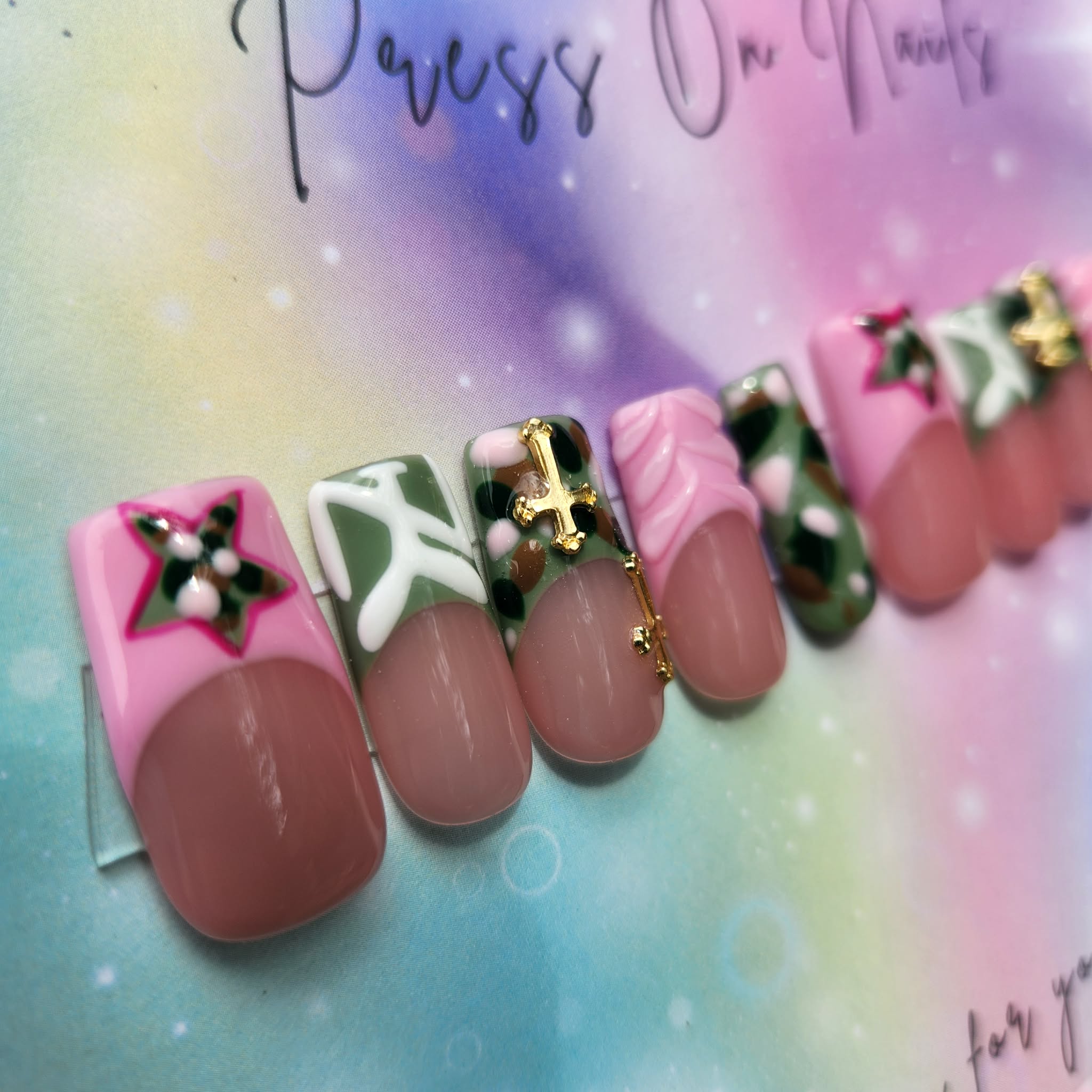 pink green camo French tip gold cross camo star press ons