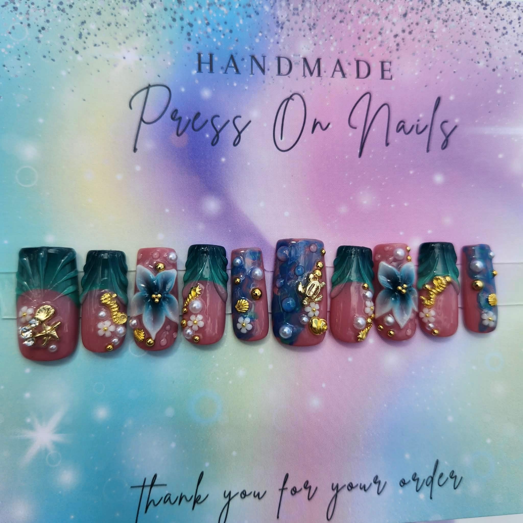 teal blue French tip floral ocean press ons