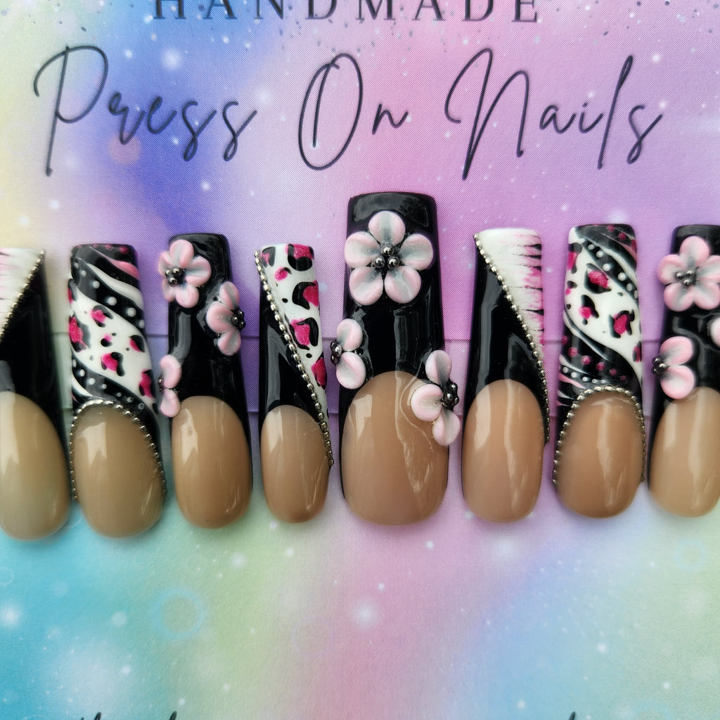 xxl black French tip pink 3d floral pink zebra leopard print silver bead press ons