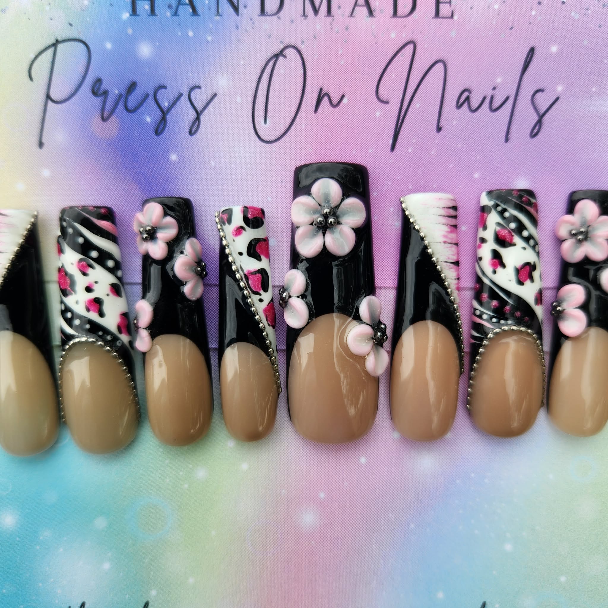 xxl black French tip pink 3d floral pink zebra leopard print silver bead press ons
